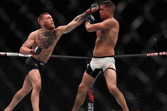 LAS VEGAS, NV - MARCH 05: (L-R) Conor McGregor of Ireland punches Nate Diaz during the UFC 196 event inside MGM Grand Garden Arena on March 5, 2016 in Las Vegas, Nevada.  (Photo by Jeff Bottari/Zuffa LLC/Zuffa LLC via Getty Images)