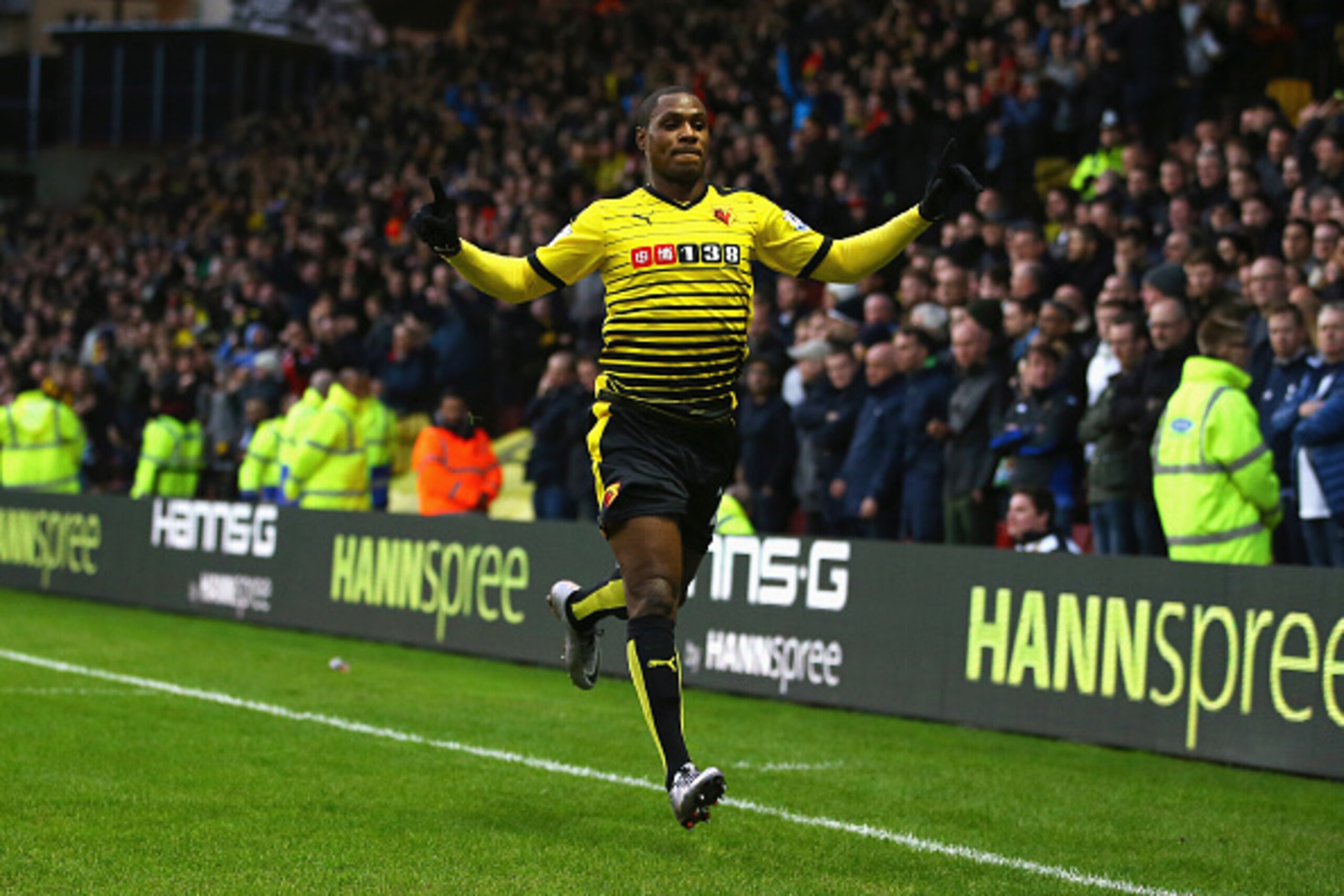WATFORD, ENGLAND - DECEMBER 28: Odion Ighalo (R) of Watford celebrates scoring his team's first goal during the Barclays Premier League match between Watford and Tottenham Hotspur at Vicarage Road on December 28, 2015 in Watford, England. (Photo by Rich WATFORD, ENGLAND - DECEMBER 28: Odion Ighalo (R) of Watford celebrates scoring his team's first goal during the Barclays Premier League match between Watford and Tottenham Hotspur at Vicarage Road on December 28, 2015 in Watford, England. (Photo by Rich