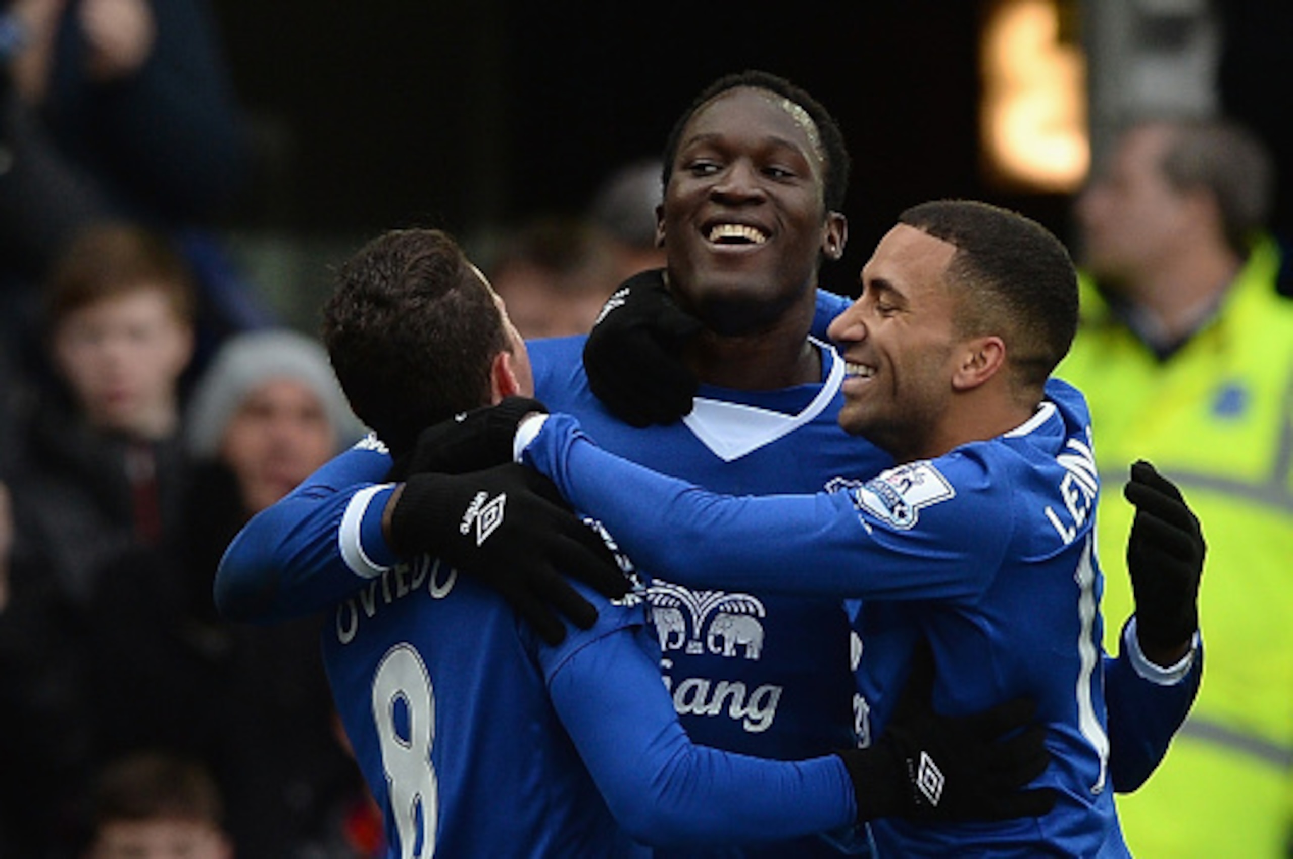 LIVERPOOL, ENGLAND - MARCH 05: Romelu Lukaku (C) of Everton celebrates scoring his team's first goal with his team mates Bryan Oviedo (L) and Aaron Lennon (R) during the Barclays Premier League match between Everton and West Ham United at Goodison Park on