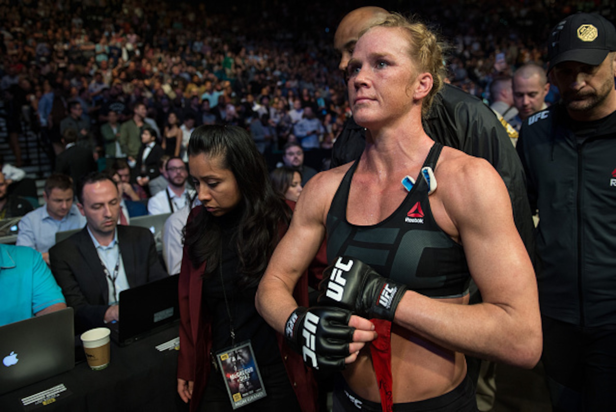 LAS VEGAS, NV - MARCH 5:   Holly Holm leaves the Octagon after her submission loss to Miesha Tate after their women's bantamweight championship bout during the UFC 196 in the MGM Grand Garden Arena on March 5, 2016 in Las Vegas, Nevada. (Photo by Brandon 