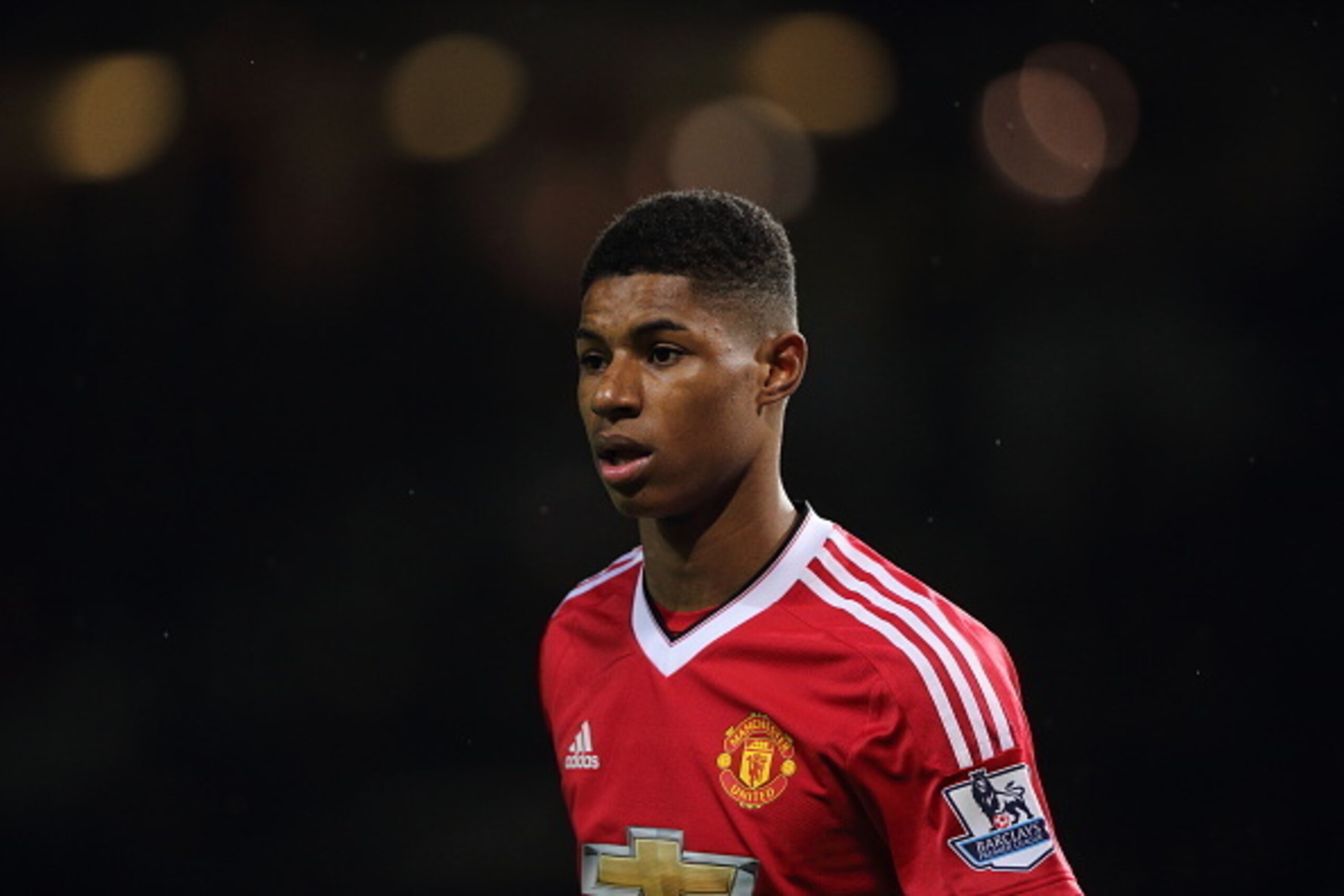 MANCHESTER, ENGLAND - MARCH 02: Marcus Rashford of Manchester United during the Barclays Premier League match between Manchester United and Watford at Old Trafford on March 02, 2016 in Manchester, England.  (Photo by Matthew Ashton - AMA/Getty Images)