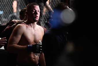 LAS VEGAS, NV - MARCH 05:  Nate Diaz walks backstage after defeating Conor McGregor during the UFC 196 event inside MGM Grand Garden Arena on March 5, 2016 in Las Vegas, Nevada.  (Photo by Jeff Bottari/Zuffa LLC/Zuffa LLC via Getty Images)