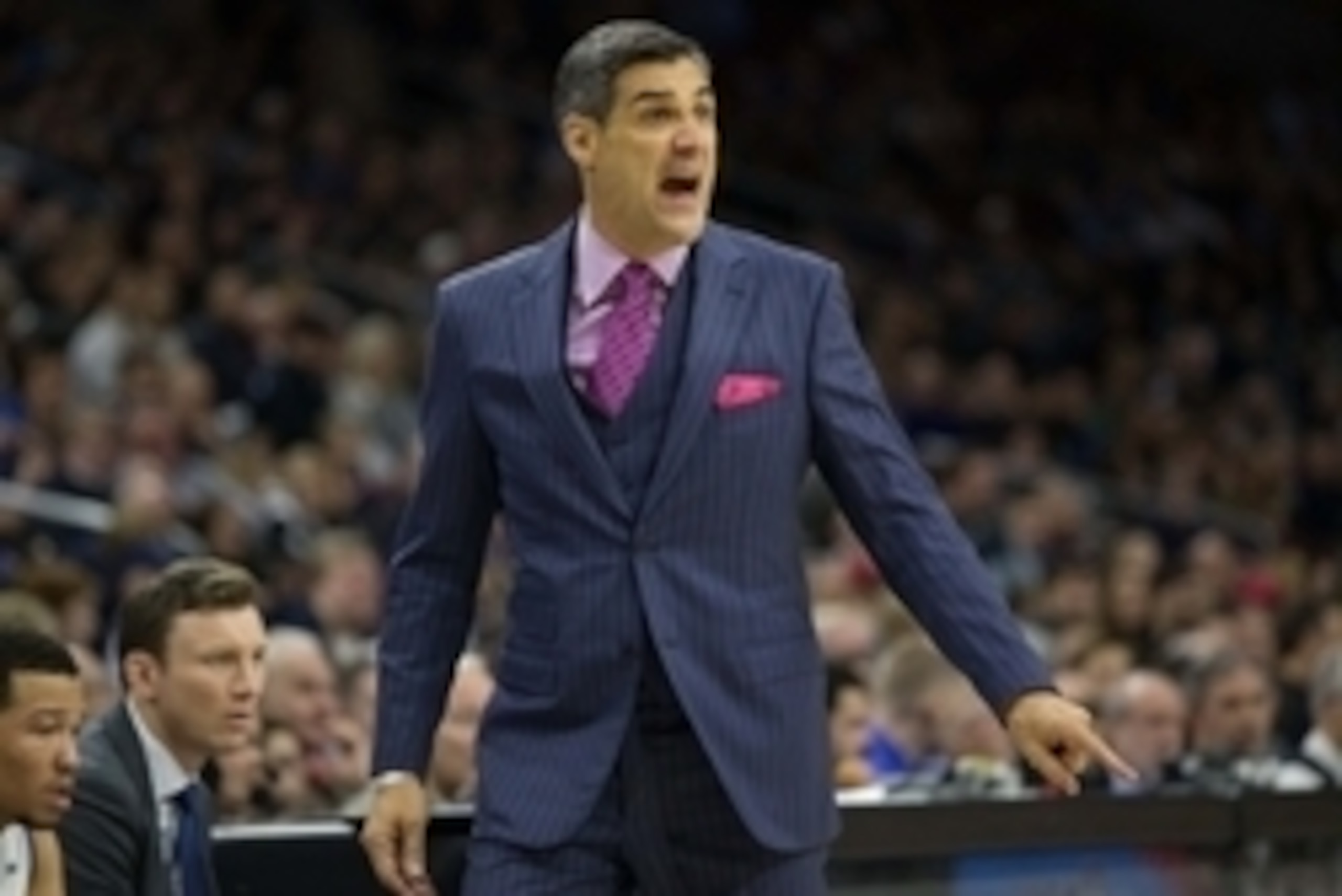 Mar 5, 2016; Villanova, PA, USA; Villanova Wildcats head coach Jay Wright yells from the sidelines during the second half against the Georgetown Hoyas at Wells Fargo Center. The Wildcats won 84-71. Mandatory Credit: Bill Streicher-USA TODAY Sports