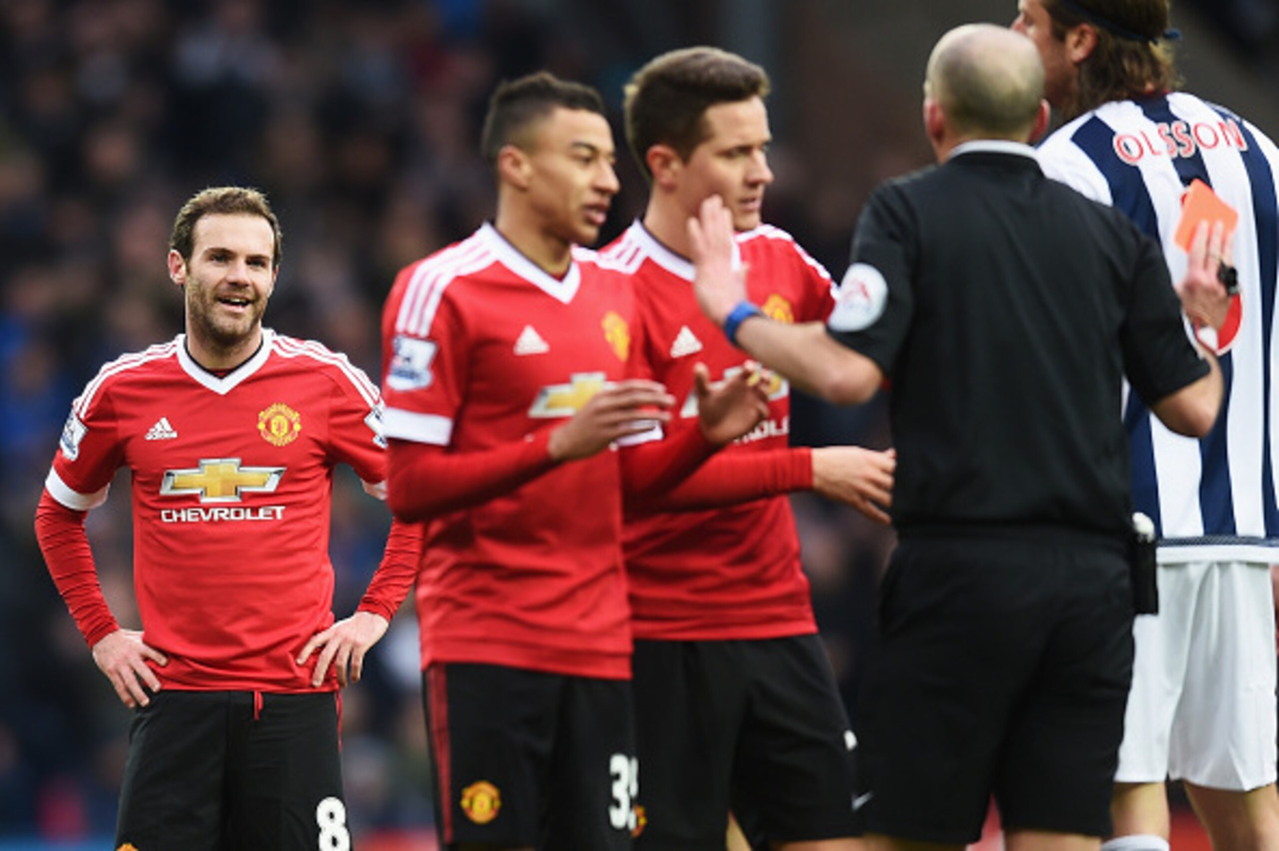 WEST BROMWICH, ENGLAND - MARCH 06:  Juan Mata of Manchester United reacts after being sent off by referee Mike Dean during the Barclays Premier League match between West Bromwich Albion and Manchester United at The Hawthorns on March 6, 2016 in West Bromw