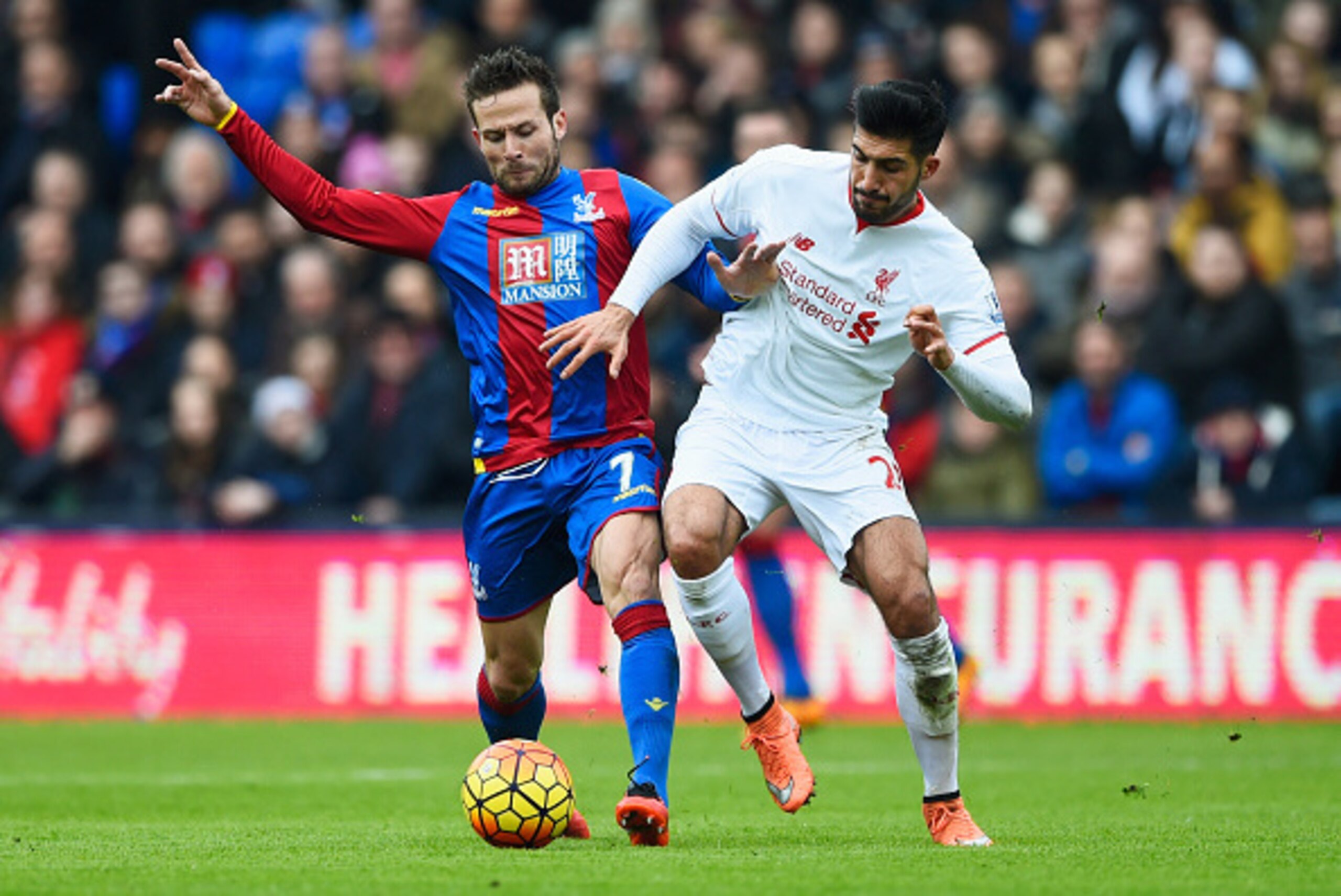 LONDON, ENGLAND - MARCH 06:  Yohan Cabaye of Crystal Palace battles with Emre Can of Liverpool during the Barclays Premier League match between Crystal Palace and Liverpool at Selhurst Park on March 6, 2016 in London, England.  (Photo by Mike Hewitt/Getty