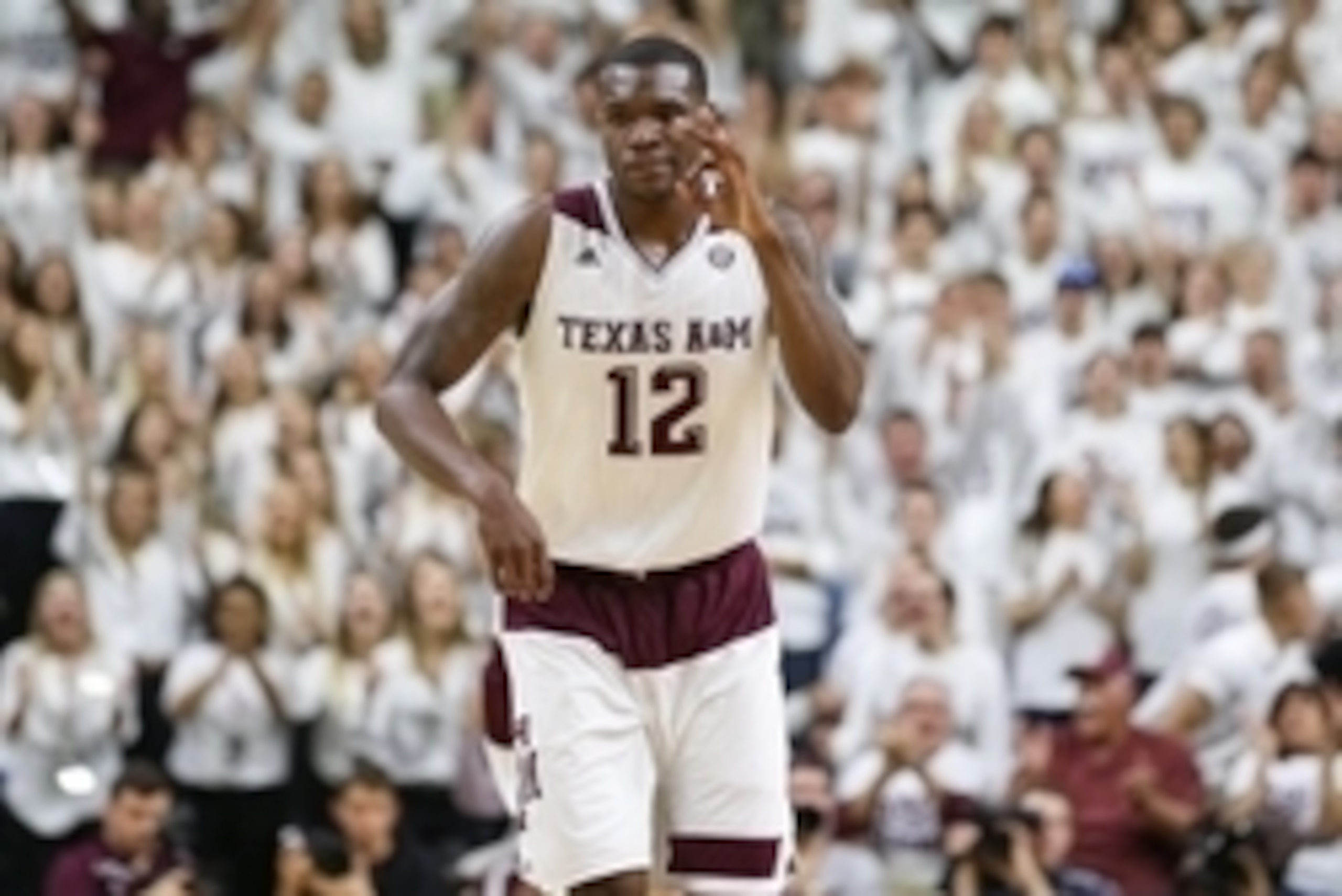 Feb 20, 2016; College Station, TX, USA; Texas A&M Aggies guard Jalen Jones (12) reacts during a game against the Kentucky Wildcats at Reed Arena. Mandatory Credit: Troy Taormina-USA TODAY Sports