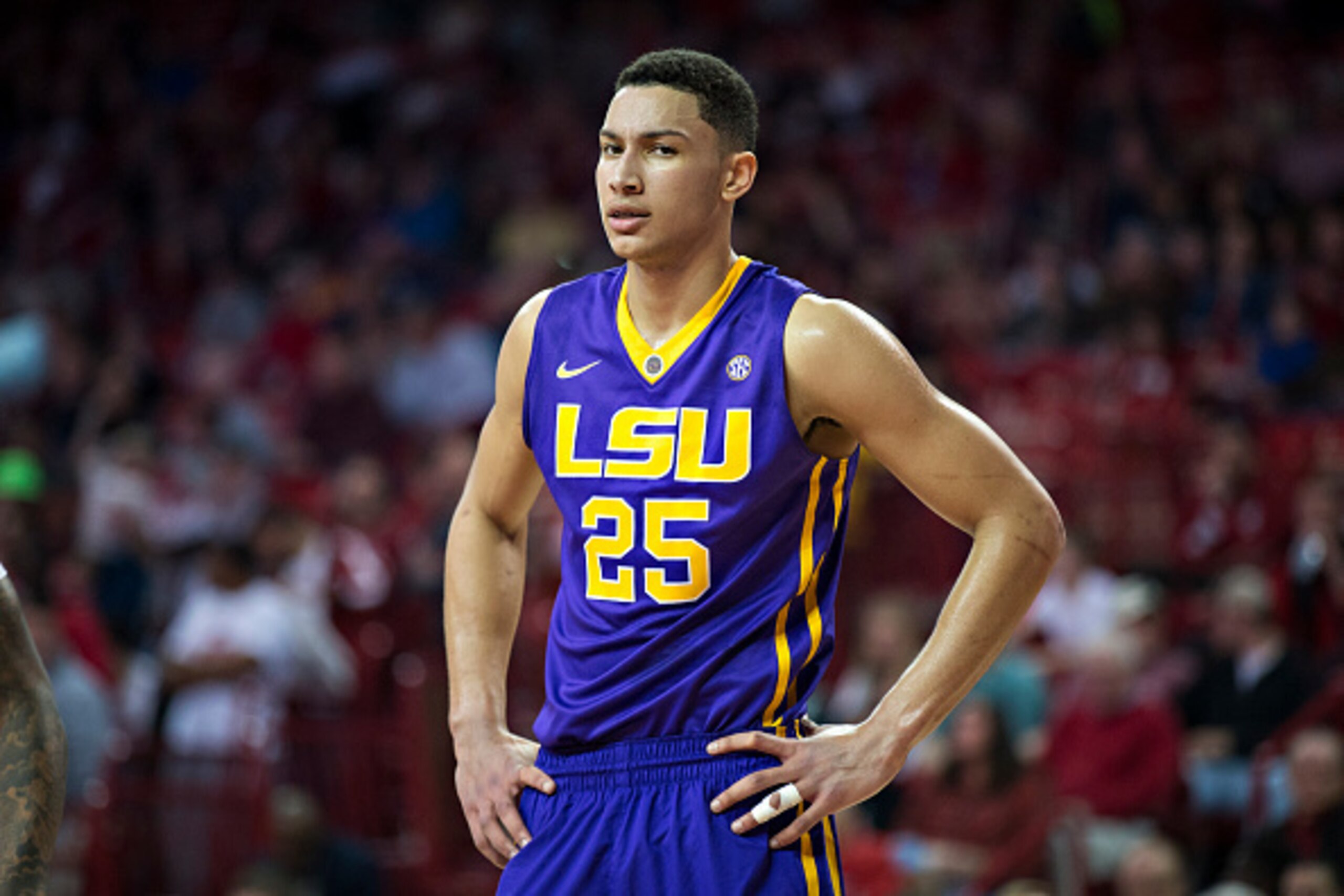 FAYETTEVILLE, AR - FEBRUARY 23:  Ben Simmons #25 of the LSU Tigers looks over at the photographer during a game against the Arkansas Razorbacks at Bud Walton Arena on February 23, 2016 in Fayetteville, Arkansas.  The Razorbacks defeated the Tigers 85-65. 