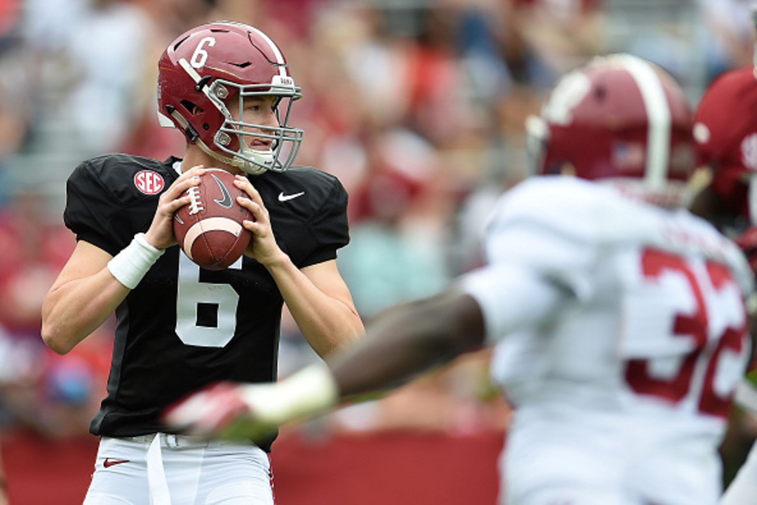 TUSCALOOSA, AL - APRIL 18: Blake Barnett #6 of the Crimson team drops back to pass against the White team during the University of Alabama A Day spring game at Bryant-Denny Stadium on April 18, 2015 in Tuscaloosa, Alabama. (Photo by Stacy Revere/Getty I TUSCALOOSA, AL - APRIL 18: Blake Barnett #6 of the Crimson team drops back to pass against the White team during the University of Alabama A Day spring game at Bryant-Denny Stadium on April 18, 2015 in Tuscaloosa, Alabama. (Photo by Stacy Revere/Getty I