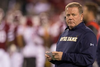 PHILADELPHIA, PA - OCTOBER 31: Head coach Brian Kelly of the Notre Dame Fighting Irish looks on prior to the game against the Temple Owls on October 31, 2015 at Lincoln Financial Field in Philadelphia, Pennsylvania. (Photo by Mitchell Leff/Getty Images)
