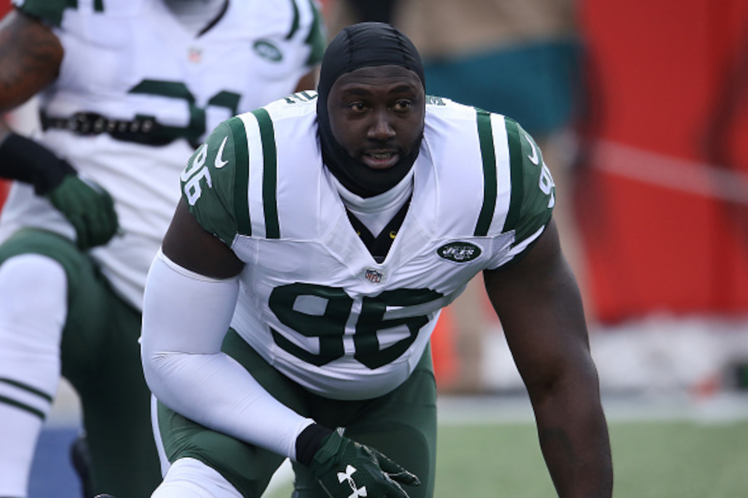 ORCHARD PARK, NY - JANUARY 3: Muhammad Wilkerson #96 of the New York Jets warms up before playing against the Buffalo Bills during NFL game action at Ralph Wilson Stadium on January 3, 2016 in Orchard Park, New York. (Photo by Tom Szczerbowski/Getty Image