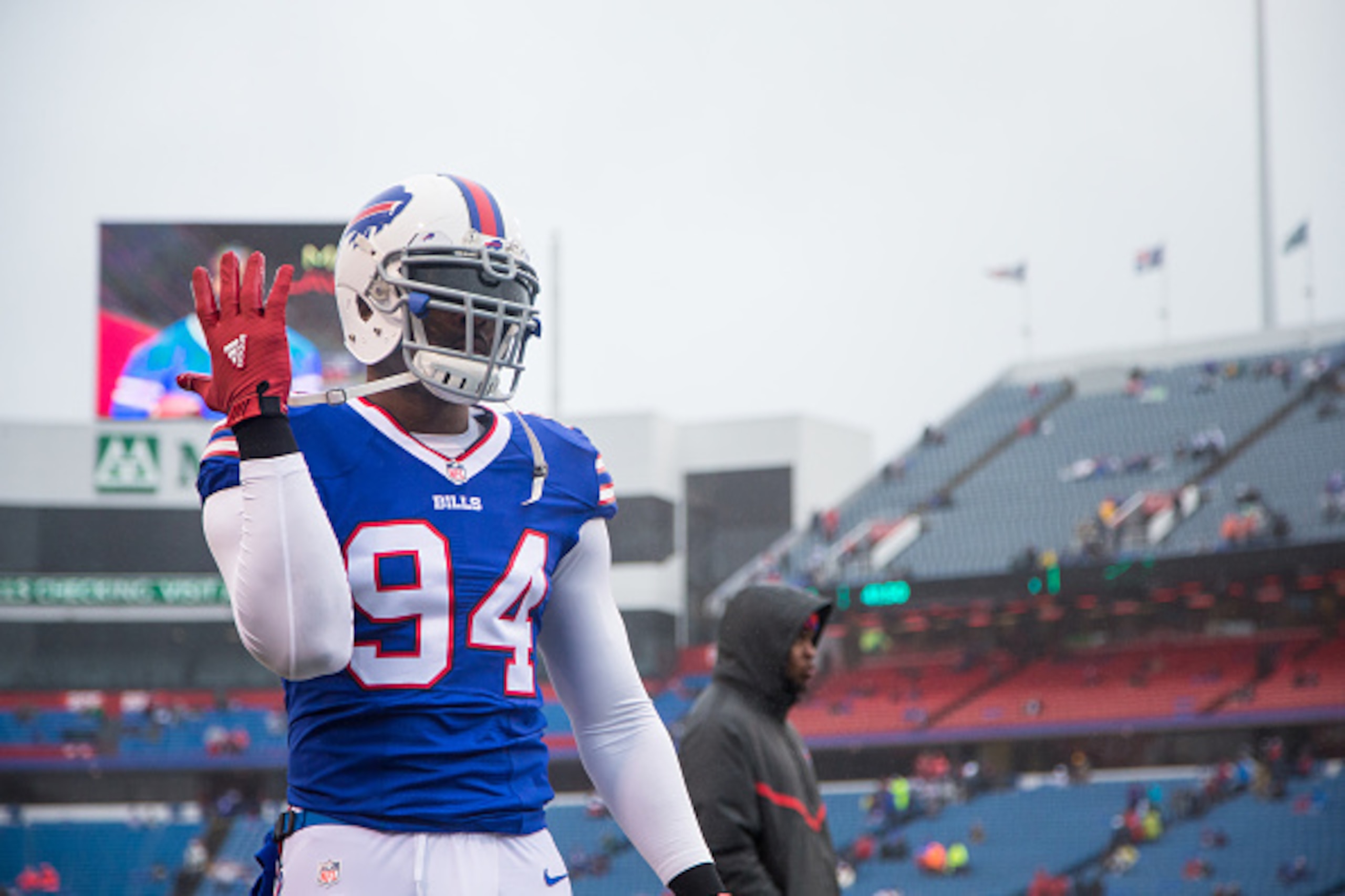 ORCHARD PARK, NY - DECEMBER 27:  Mario Williams #94 of the Buffalo Bills warms up before the game against the Dallas Cowboys on December 27, 2015 at Ralph Wilson Stadium in Orchard Park, New York.  Buffalo defeats Dallas 16-6.  (Photo by Brett Carlsen/Get