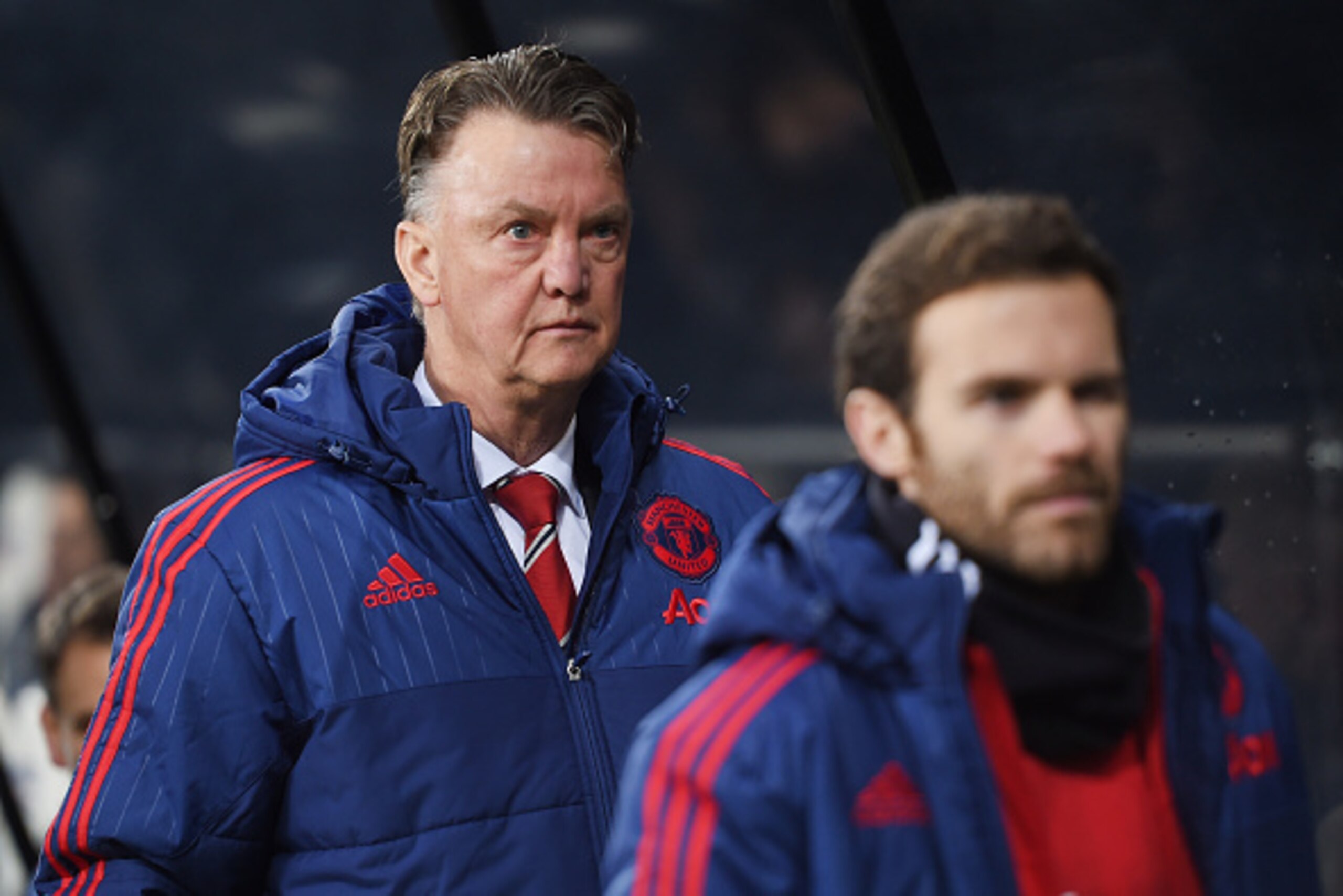 NEWCASTLE UPON TYNE, ENGLAND - JANUARY 12:  Louis van Gaal manager of Manchester United and Juan Mata of Manchester United look on prior to the Barclays Premier League match between Newcastle United and Manchester United at St James' Park on January 12, 2
