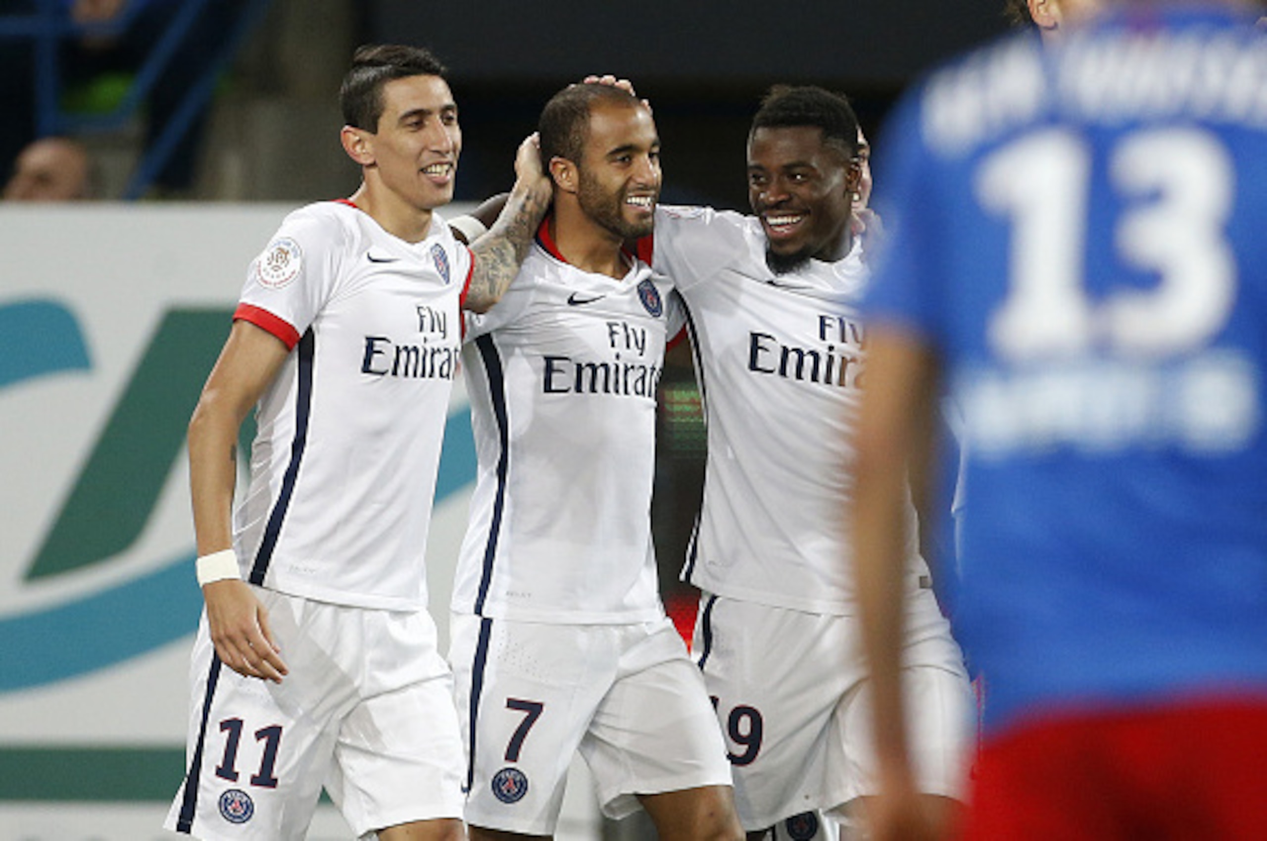 CAEN, FRANCE - DECEMBER 19: Angel Di Maria of PSG celebrates his second goal with Lucas Moura and Serge Aurier during the French Ligue 1 match between Stade Malherbe de Caen and Paris Saint-Germain (PSG) at Stade Michel D'Ornano on December 19, 2015 in Ca CAEN, FRANCE - DECEMBER 19: Angel Di Maria of PSG celebrates his second goal with Lucas Moura and Serge Aurier during the French Ligue 1 match between Stade Malherbe de Caen and Paris Saint-Germain (PSG) at Stade Michel D'Ornano on December 19, 2015 in Ca