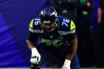 Feb 1, 2015; Glendale, AZ, USA; Seattle Seahawks tackle Russell Okung (76) in Super Bowl XLIX against the New England Patriots at University of Phoenix Stadium. Mandatory Credit: Andrew Weber-USA TODAY Sports