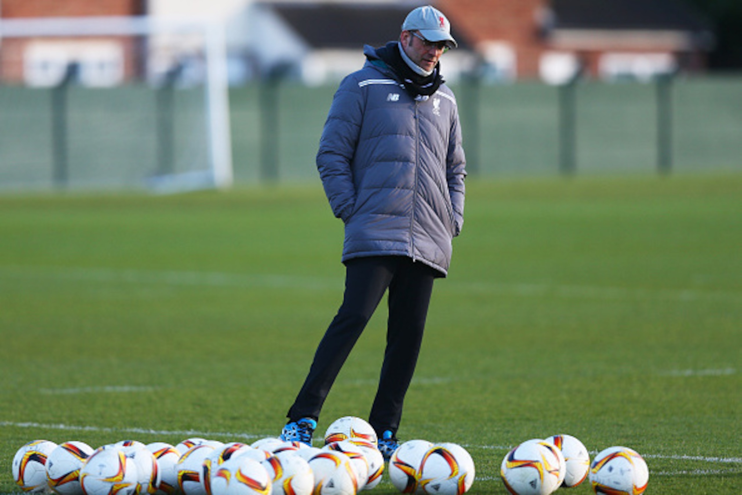 LIVERPOOL, ENGLAND - FEBRUARY 24:  Jurgen Klopp manager of Liverpool looks on during a Liverpool training session ahead of their UEFA Europa League round of 32 second leg match against FC Augsburg at Melwood Training Ground on February 24, 2016 in Liverpo