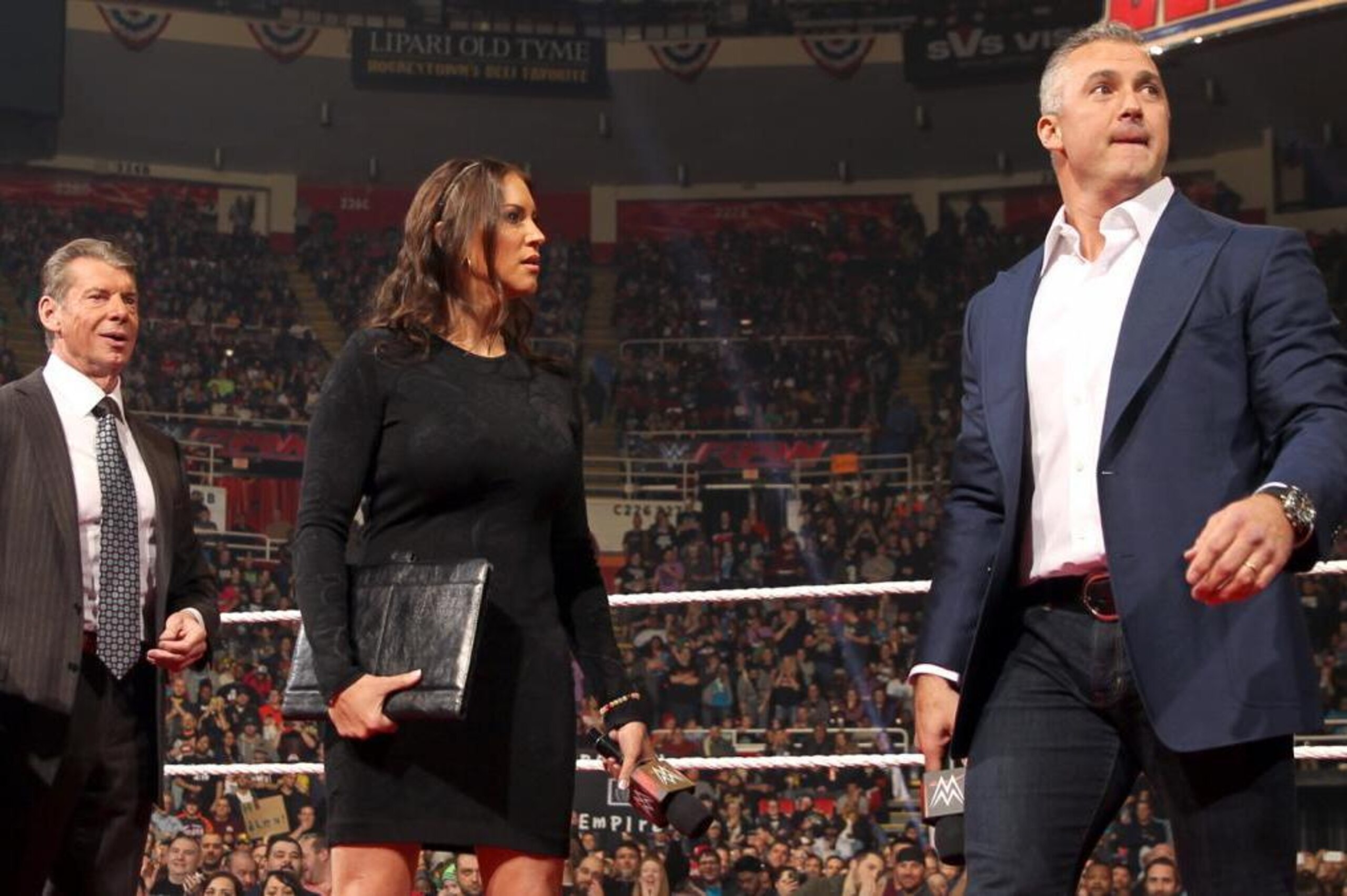 Vince, Stephanie and Shane McMahon on Raw. Vince, Stephanie and Shane McMahon on Raw.