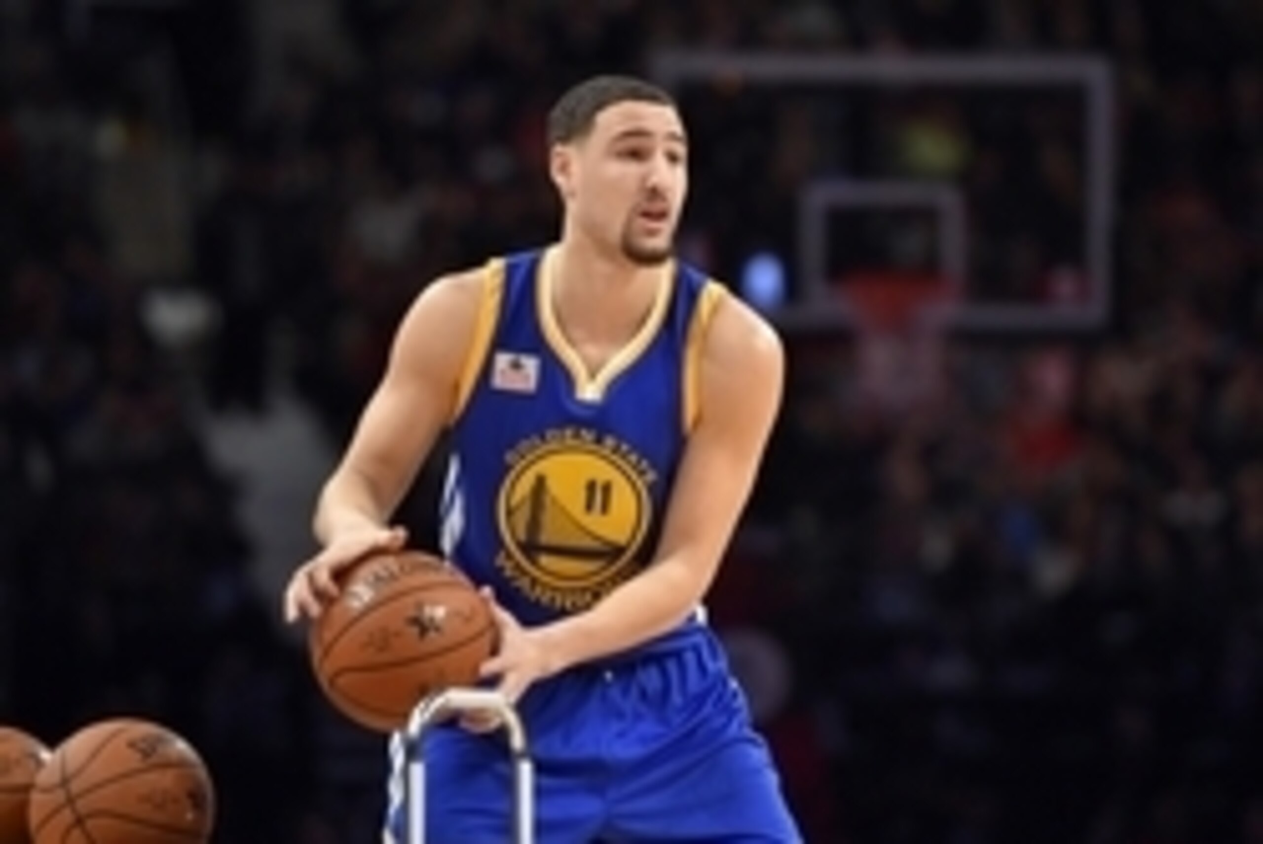 Feb 13, 2016; Toronto, Ontario, Canada; Golden State Warriors guard Klay Thompson competes in the three-point contest during the NBA All Star Saturday Night at Air Canada Centre. Mandatory Credit: Bob Donnan-USA TODAY Sports