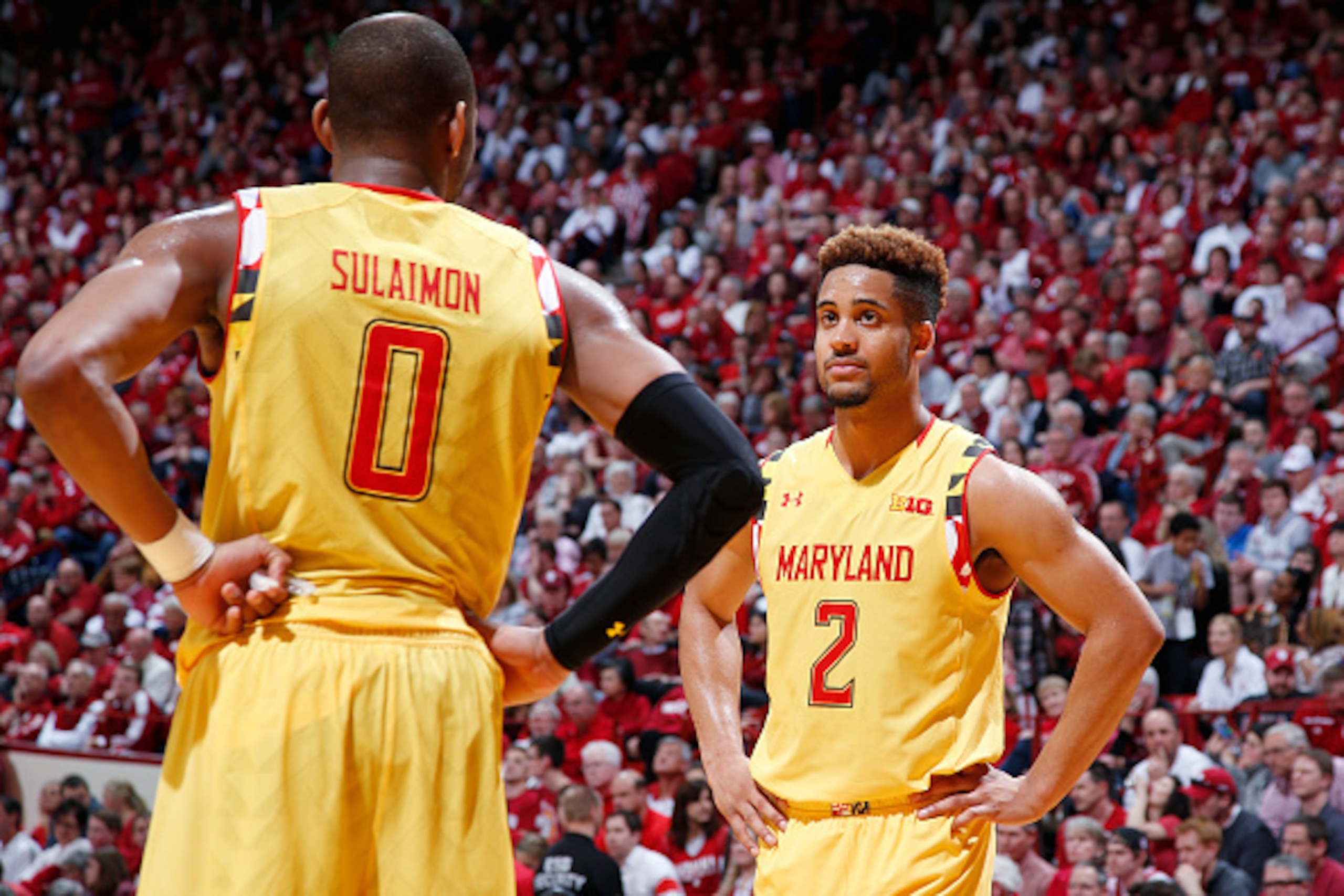 BLOOMINGTON, IN - MARCH 6: Melo Trimble #2 and Rasheed Sulaimon #0 of the Maryland Terrapins look on against the Indiana Hoosiers during the game at Assembly Hall on March 6, 2016 in Bloomington, Indiana. Indiana defeated Maryland 80-62. (Photo by Joe Rob