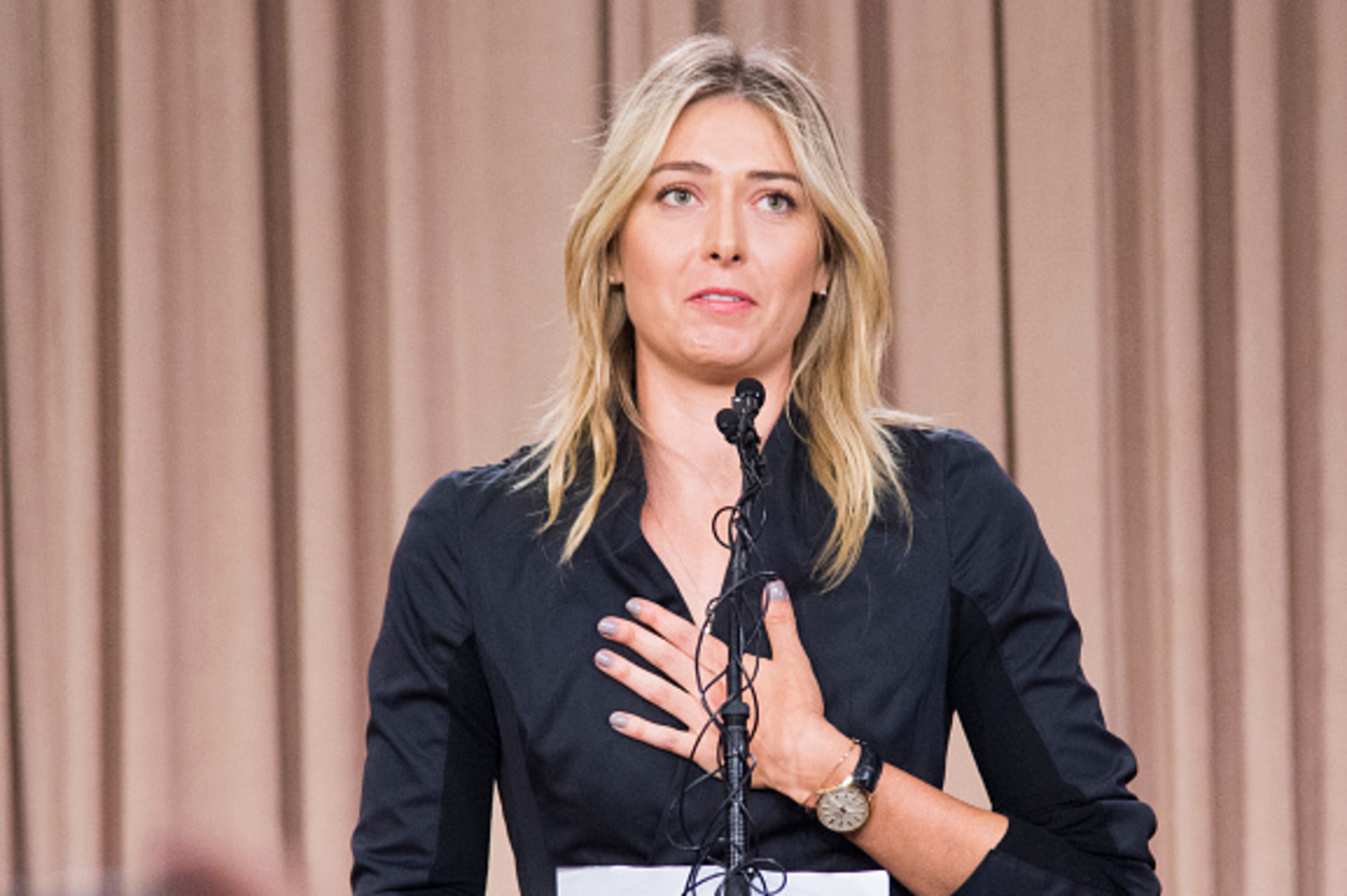 Russian tennis player Maria Sharapova speaks at a press conference in downtown Los Angeles, California, March 7, 2016.
The former world number one announced she failed a doping test at the Australian Open, saying a change in the World-Anti-Doping Agency b