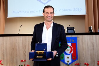 FLORENCE, ITALY - MARCH 07: Massimiliano Allegri manager of Juventus FC won the gold coach for the 2014-2015 season during the 'Panchina D'oro season 2014-2015' at Coverciano on March 7, 2016 in Florence, Italy.  (Photo by Gabriele Maltinti/Getty Images)