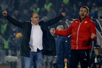 BELGRADE, SERBIA - FEBRUARY 27 : Head coach Miodrag Bozovic (L) and Aleksandar Katai (R) of FK Crvena Zvezda celebrate victory after the Serbian Super League match between FK Partizan and FK Crvena Zvezda at Stadium FK Partizan on February 27, 2016 in Bel