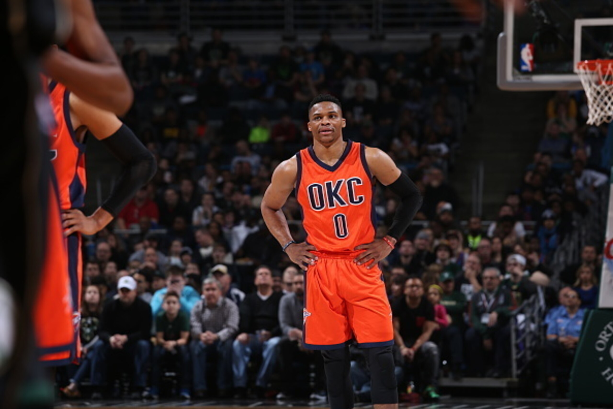 Milwaukee, WI - MARCH 6: Russell Westbrook #0 of the Oklahoma City Thunder is seen during the game against the Milwaukee Bucks on March 6, 2016 at the BMO Harris Bradley Center in Milwaukee, Wisconsin. NOTE TO USER: User expressly acknowledges and agrees 