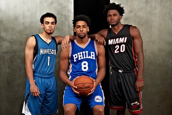 TARRYTOWN, NY - AUGUST 8:  Duke Univeristy draftees, Tyus Jones #1 of the Minnesota Timberwolves, Jahlil Okafor #8 of the Philadelphia 76ers, and Justise Winslow #20 of the Miami Heat pose for a portrait during the 2015 NBA rookie photo shoot on August 8,