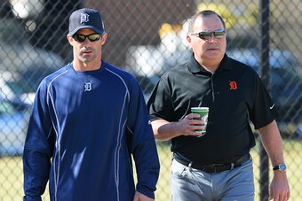 LAKELAND, FL - FEBRUARY 19:  Detroit Tigers Executive Vice President of Baseball Operations and General Manager Al Avila (R) and manager Brad Ausmus #7 walk together during the Spring Training workout day at the TigerTown Facility on February 19, 2016 in