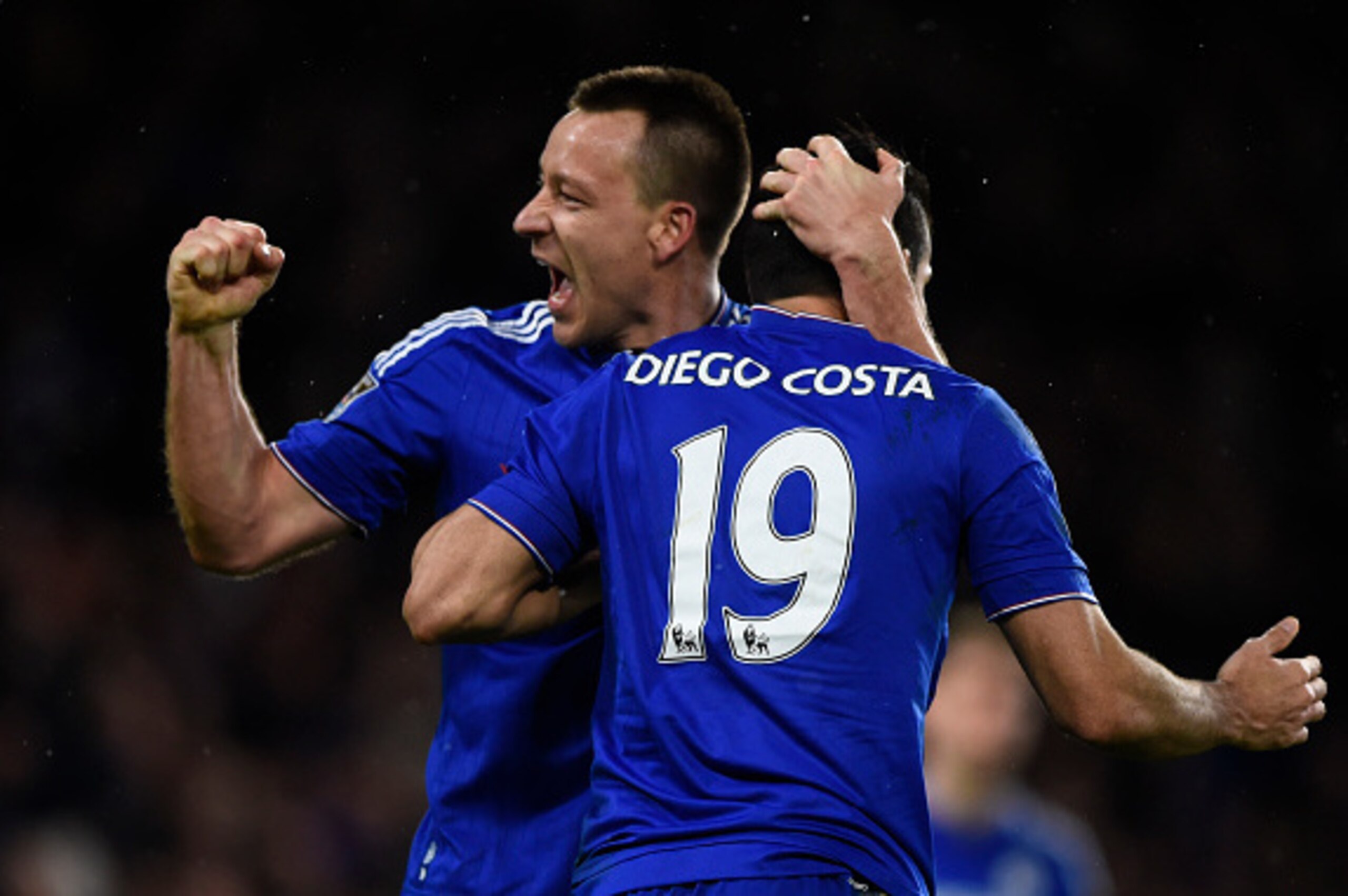 LONDON, ENGLAND - FEBRUARY 07: Captain John Terry of Chelsea with goal scorer Diego Costa of Chelsea during the Barclays Premier League match between Chelsea and Manchester United at Stamford Bridge on February 7, 2016 in London, England.  (Photo by Mike 