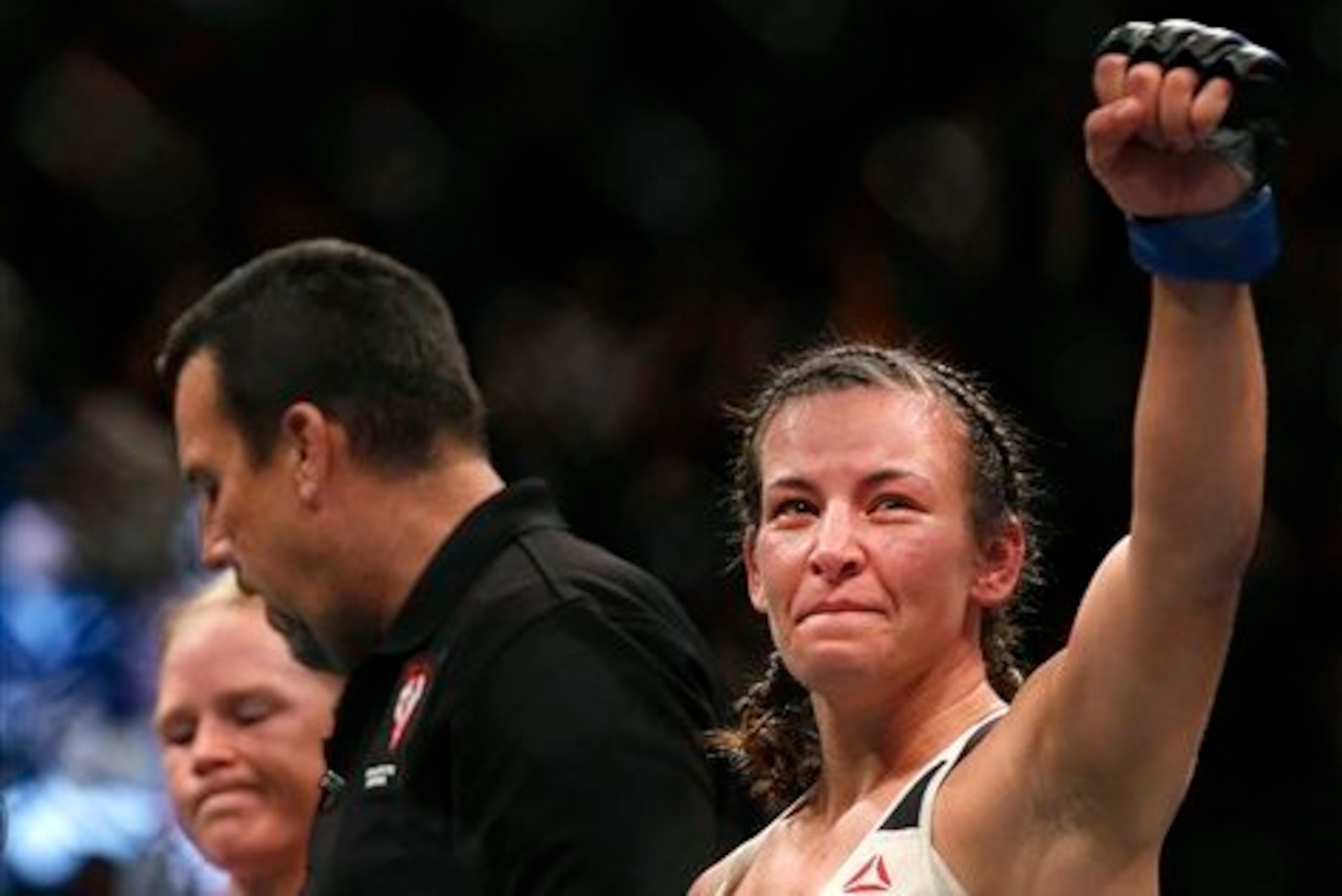 Tate celebrates victory over Holm. Tate celebrates victory over Holm.