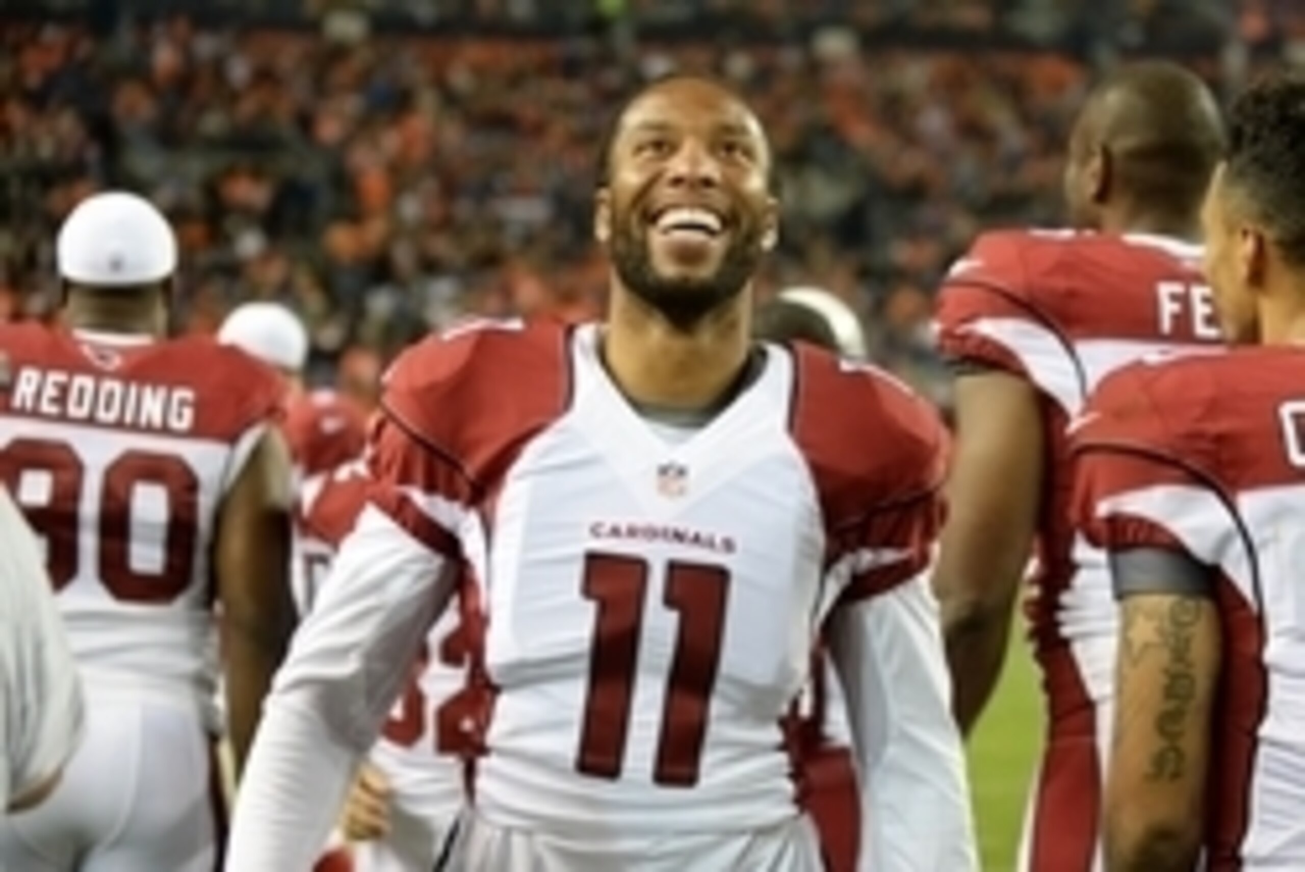 Sep 3, 2015; Denver, CO, USA; Arizona Cardinals wide receiver Larry Fitzgerald (11) reacts on his sideline in the fourth quarter of a preseason game against the Denver Broncos at Sports Authority Field at Mile High. The Cardinals defeated the Broncos 22-2 Sep 3, 2015; Denver, CO, USA; Arizona Cardinals wide receiver Larry Fitzgerald (11) reacts on his sideline in the fourth quarter of a preseason game against the Denver Broncos at Sports Authority Field at Mile High. The Cardinals defeated the Broncos 22-2