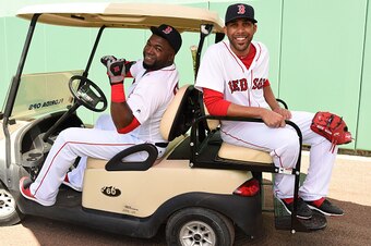 FT. MYERS, FL - FEBRUARY  22:   David Ortiz #34 and David Price #24 of the Boston Red Sox pose on February 22, 2016  at Fenway South in Fort Myers, Florida . (Photo by Michael Ivins/Boston Red Sox/Getty Images)