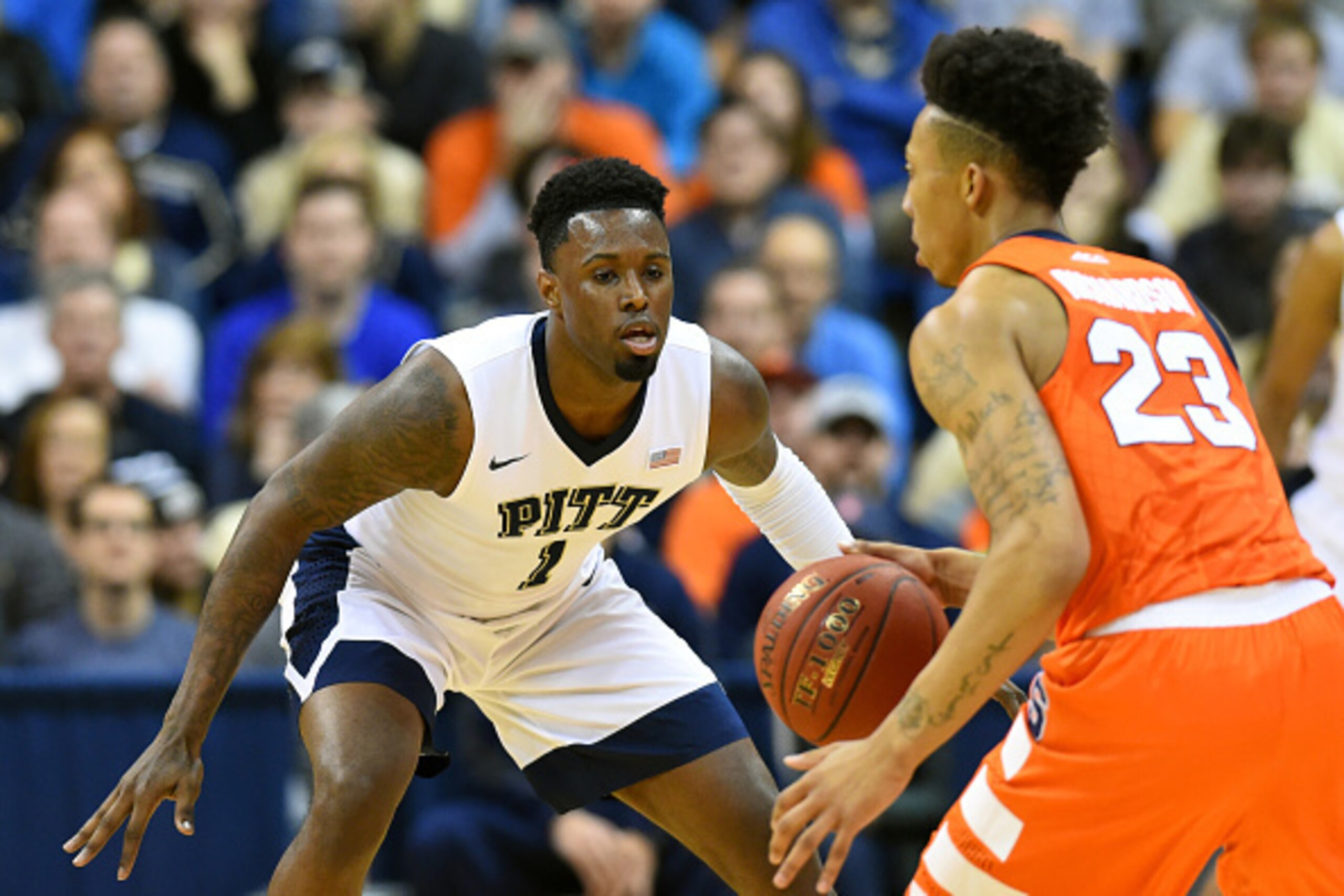 SYRACUSE, NY - DECEMBER 30: Jamel Artis #1 of the Pittsburgh Panthers plays defense on Malachi Richardson #23 of the Syracuse Orange during the first half at the Petersen Events Center on December 30, 2015 in Pittsburgh, Pennsylvania. Pittsburgh won 72- SYRACUSE, NY - DECEMBER 30: Jamel Artis #1 of the Pittsburgh Panthers plays defense on Malachi Richardson #23 of the Syracuse Orange during the first half at the Petersen Events Center on December 30, 2015 in Pittsburgh, Pennsylvania. Pittsburgh won 72-