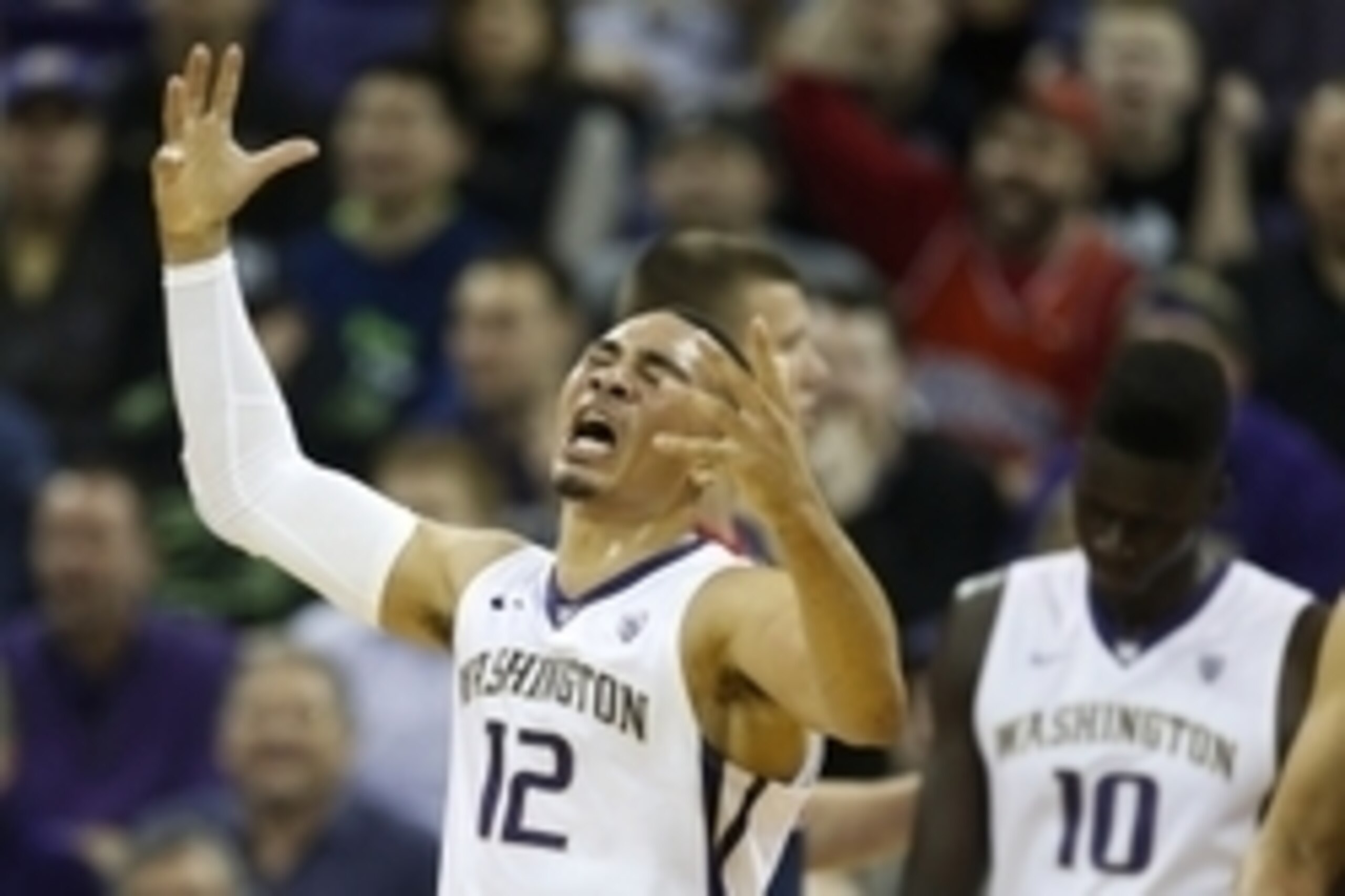 Feb 6, 2016; Seattle, WA, USA; Washington Huskies guard Andrew Andrews (12) yells out after committing a foul against the Arizona Wildcats during the first half at Alaska Airlines Arena. Mandatory Credit: Jennifer Buchanan-USA TODAY Sports Feb 6, 2016; Seattle, WA, USA; Washington Huskies guard Andrew Andrews (12) yells out after committing a foul against the Arizona Wildcats during the first half at Alaska Airlines Arena. Mandatory Credit: Jennifer Buchanan-USA TODAY Sports