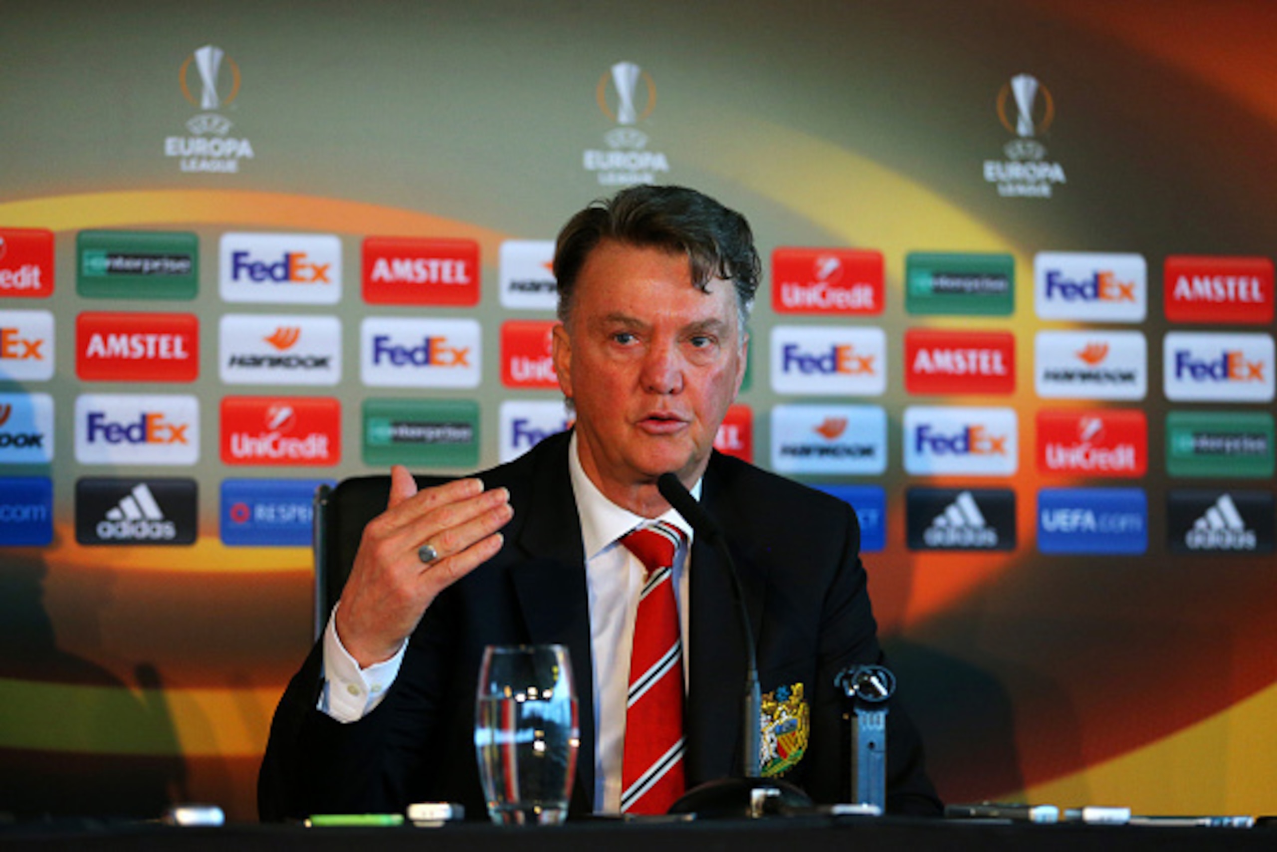 MANCHESTER, ENGLAND - MARCH 09:  Louis van Gaal, manager of Manchester Uniited speaks during a press conference ahead of the UEFA Europa League round of 16 first leg match between Liverpool and Manchester United at Aon Training Complex on March 9, 2016 in