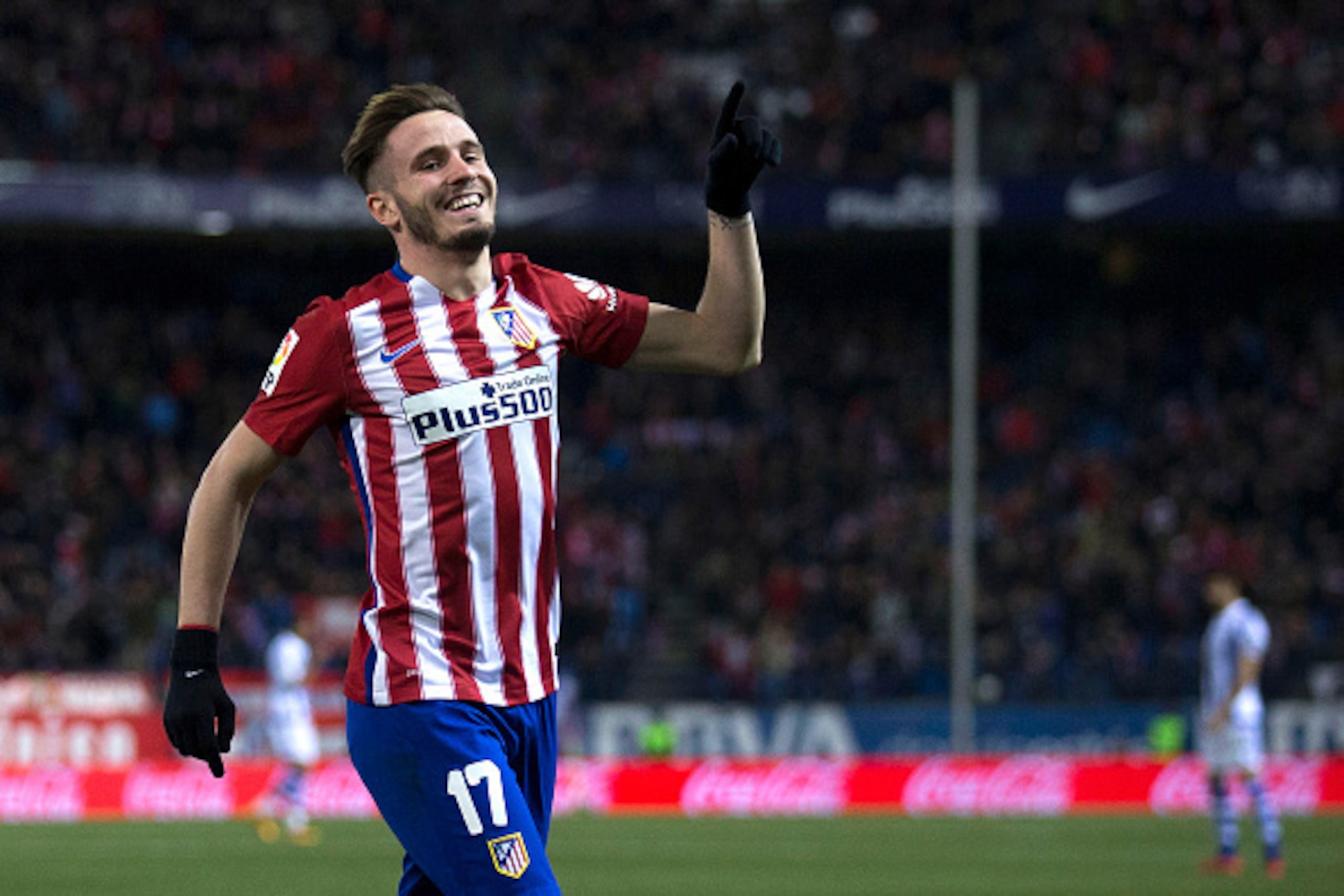 MADRID, SPAIN - MARCH 01: Saul Niguez of Atletico de Madrid celebrates scoring their second goal during the La Liga match between Club Atletico de Madrid and Real Sociedad de Futbol at Vicente Calderon Stadium on March 1, 2016 in Madrid, Spain.  (Photo by