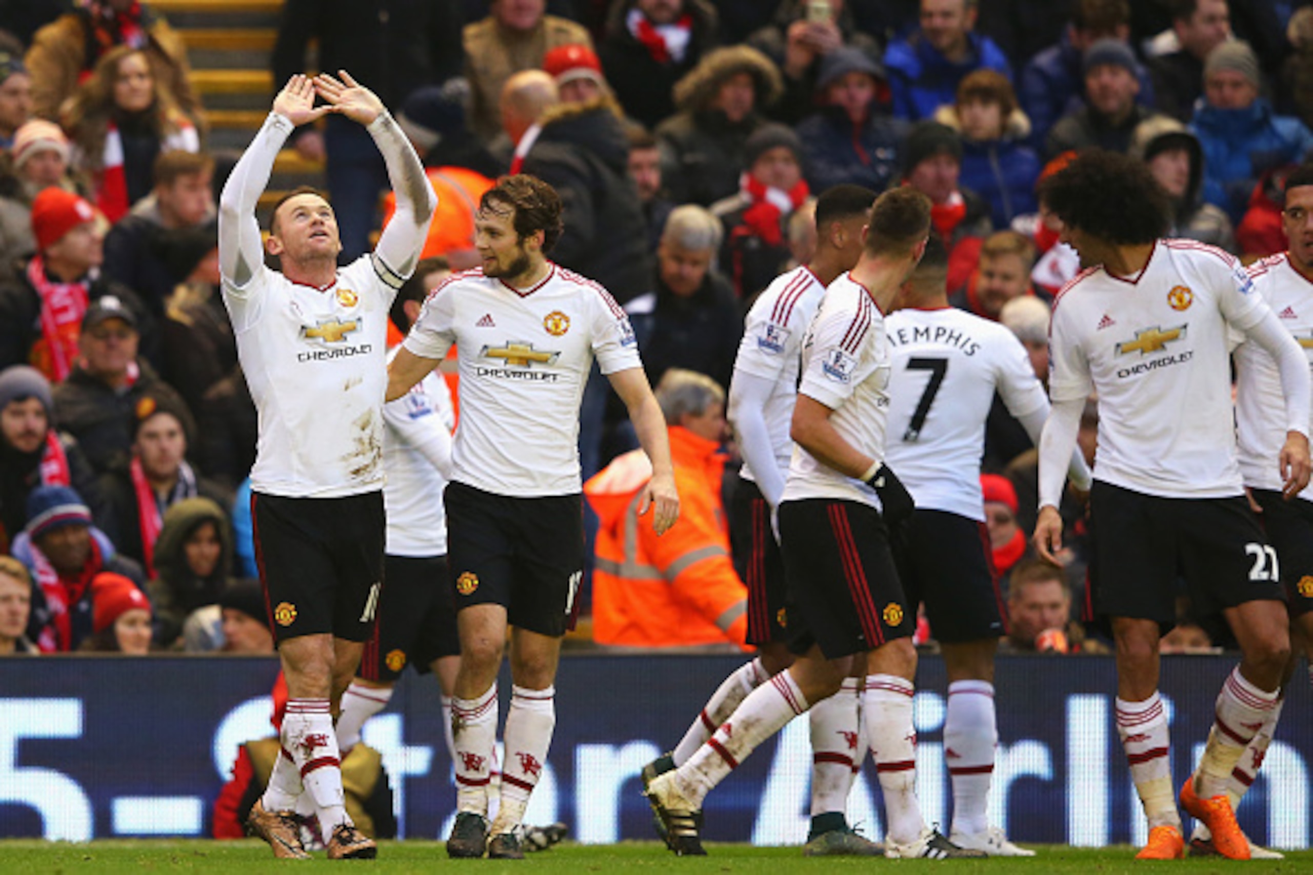LIVERPOOL, ENGLAND - JANUARY 17:  Wayne Rooney of Manchester United celebrates scoring the opening goal during the Barclays Premier League match between Liverpool and Manchester United at Anfield on January 17, 2016 in Liverpool, England.  (Photo by Alex 