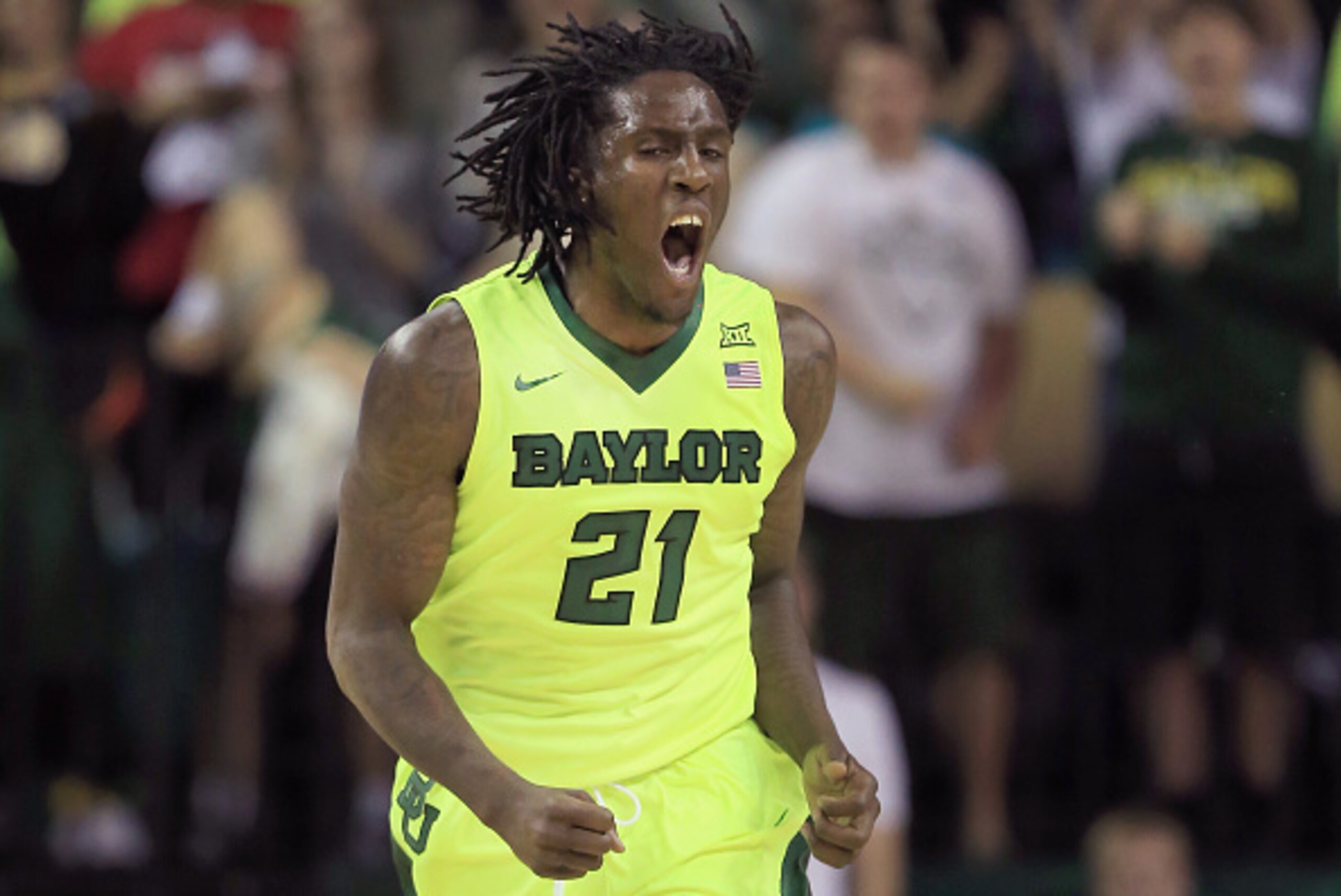 WACO, TX - FEBRUARY 16:  Taurean Prince #21 of the Baylor Bears celebrates after scoring against the Iowa State Cyclones in the first half at Ferrell Center on February 16, 2016 in Waco, Texas.  (Photo by Tom Pennington/Getty Images)