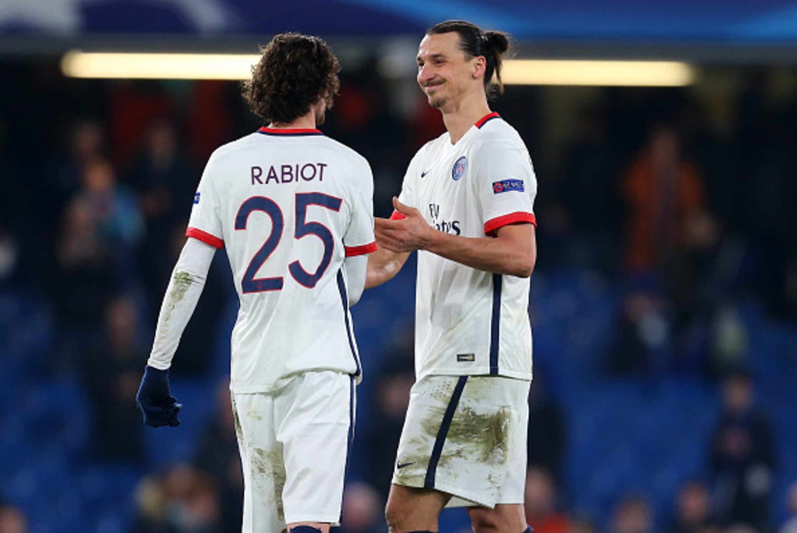 LONDON, ENGLAND - MARCH 09:  Goalscorers Adrien Rabiot and Zlatan Ibrahimovic of Paris Saint Germain celebrate at the end of the UEFA Champions League match between Chelsea and Paris Saint-Germain at Stamford Bridge on March 9, 2016 in London, United King