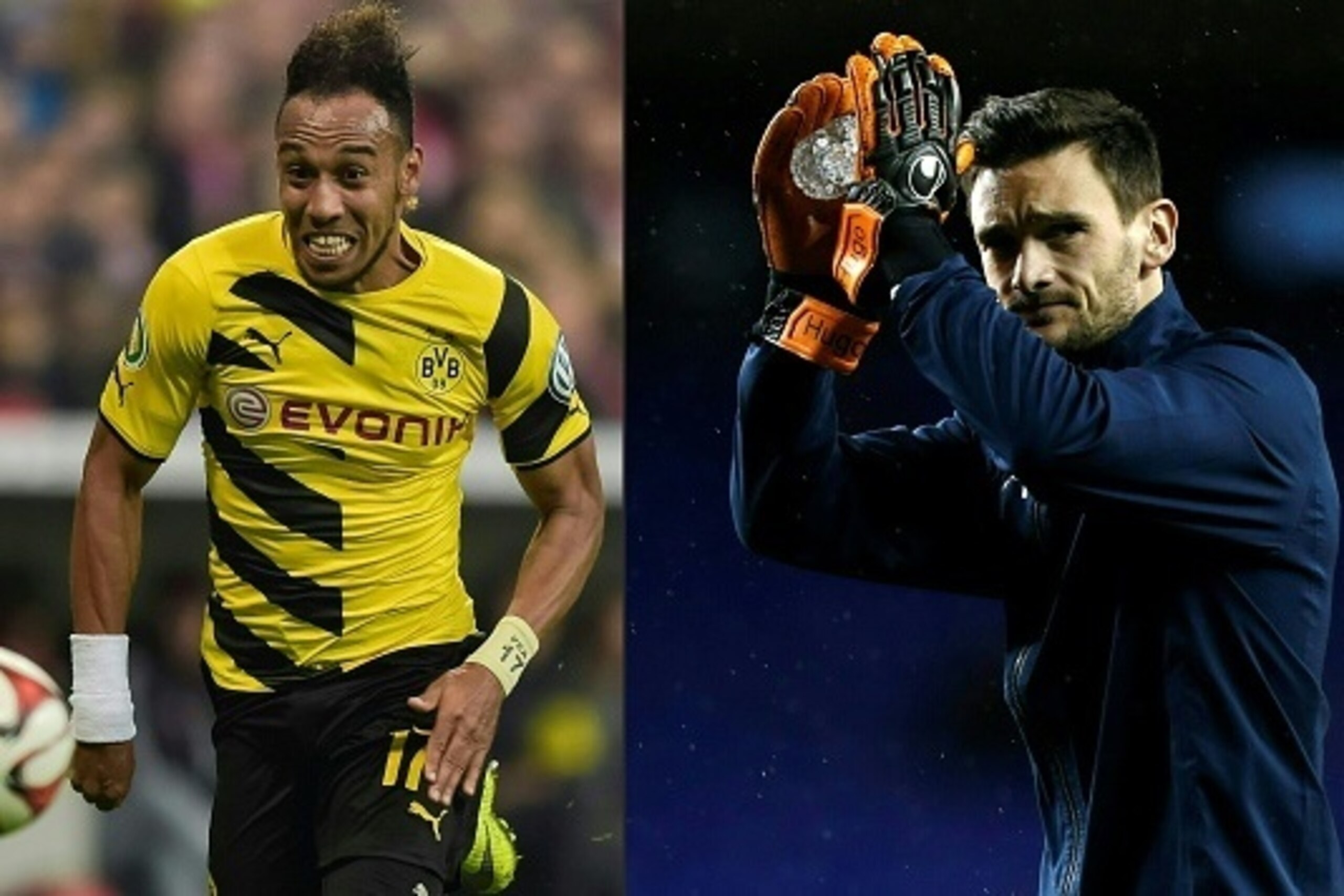 (COMBO) This combination of pictures created on March 09, 2016 shows file photo of German first division football team Dortmund's Gabonese striker Pierre-Emerick Aubameyang (L) and Tottenham Hotspur's French goalkeeper Hugo Lloris. 
Borussia Dortmund and 