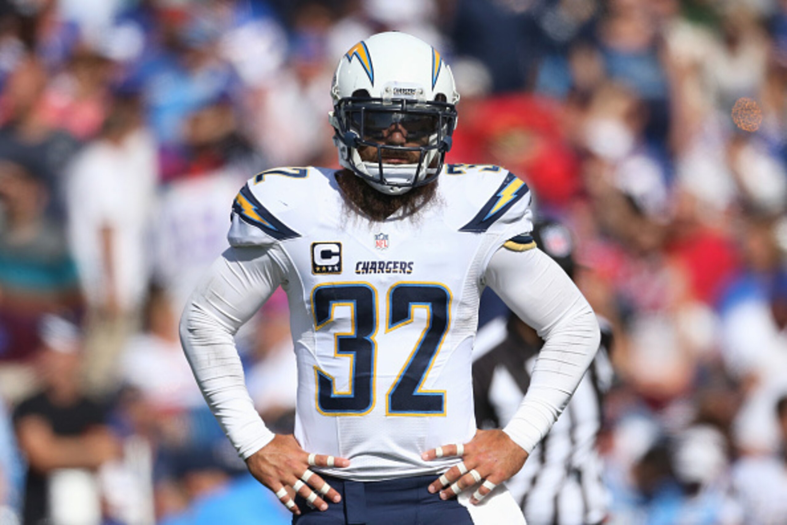 ORCHARD PARK, NY - SEPTEMBER 21: Eric Weddle #32 of the San Diego Chargers during NFL game action against the Buffalo Bills at Ralph Wilson Stadium on September 21, 2014 in Orchard Park, New York. (Photo by Tom Szczerbowski/Getty Images)