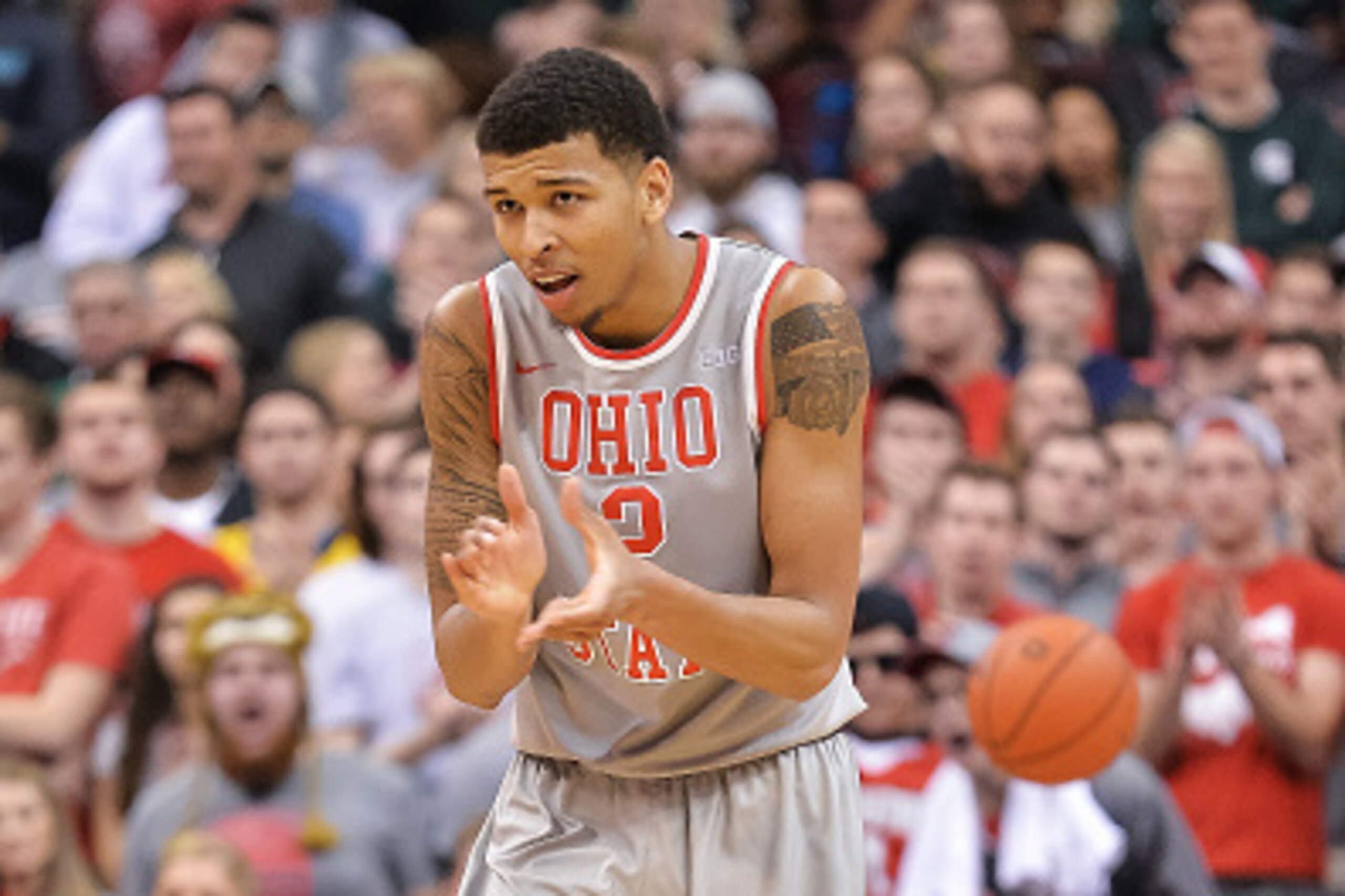 COLUMBUS, OH - FEBRUARY 23:  Marc Loving #2 of the Ohio State Buckeyes celebrates against the Michigan State Spartans on February 23, 2016 at Value City Arena in Columbus, Ohio.  (Photo by Jamie Sabau/Getty Images)