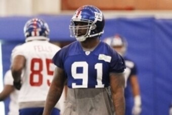 Jun 12, 2014; East Rutherford, NJ, USA; New York Giants defensive end Robert Ayers  (91) during New York Giants minicamp at the Quest Diagnostics Training Center. William Perlman/The Star-Ledger-USA TODAY Sports