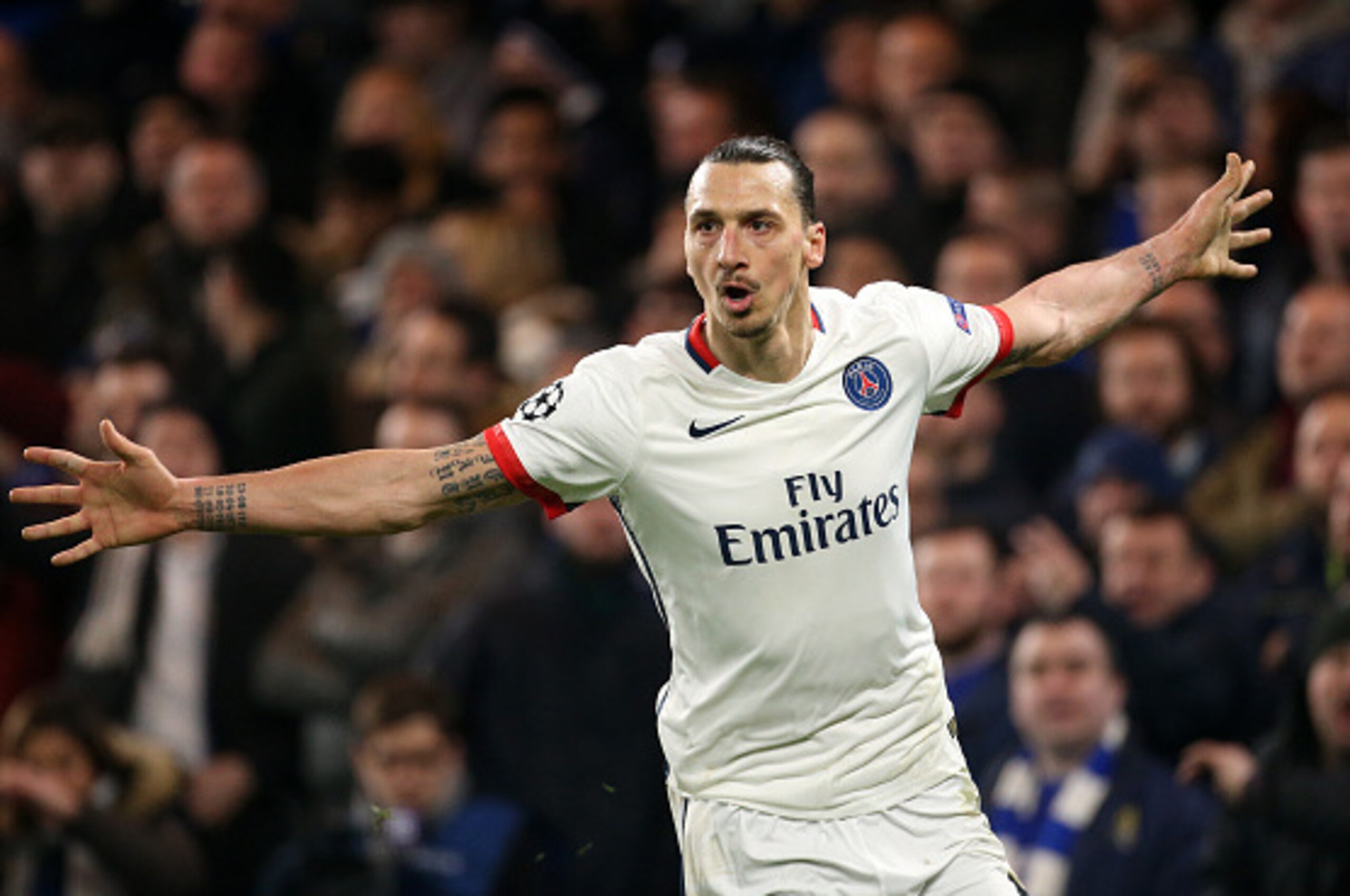LONDON, ENGLAND - MARCH 9: Zlatan Ibrahimovic of PSG celebrates his goal during the UEFA Champions League round of 16 second leg match between Chelsea FC and Paris Saint-Germain at Stamford Bridge stadium on March 9, 2016 in London, England. (Photo by Jea