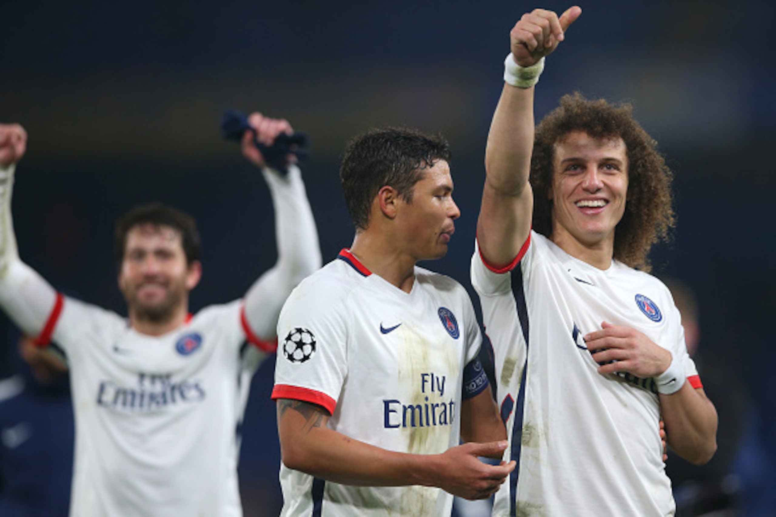 LONDON, ENGLAND - MARCH 09:  David Luiz of Paris Saint Germain celebrates at full time during the UEFA Champions League Round of 16 Second Leg match between Chelsea and Paris Saint-Germain at Stamford Bridge on March 09, 2016 in London, England. (Photo by