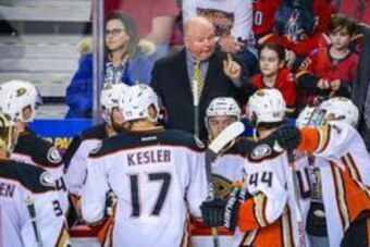 Feb 15, 2016; Calgary, Alberta, CAN; Anaheim Ducks head coach Bruce Boudreau on his bench against the Calgary Flames during the third period at Scotiabank Saddledome. Anaheim Ducks won 6-4. Mandatory Credit: Sergei Belski-USA TODAY Sports