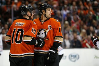 ANAHEIM, CA - NOVEMBER 27:  Corey Perry #10 of the Anaheim Ducks talks with Ryan Getzlaf #15 of the Anaheim Ducks during a game against the Chicago Blackhawks at Honda Center on November 27, 2015 in Anaheim, California.  (Photo by Sean M. Haffey/Getty Ima