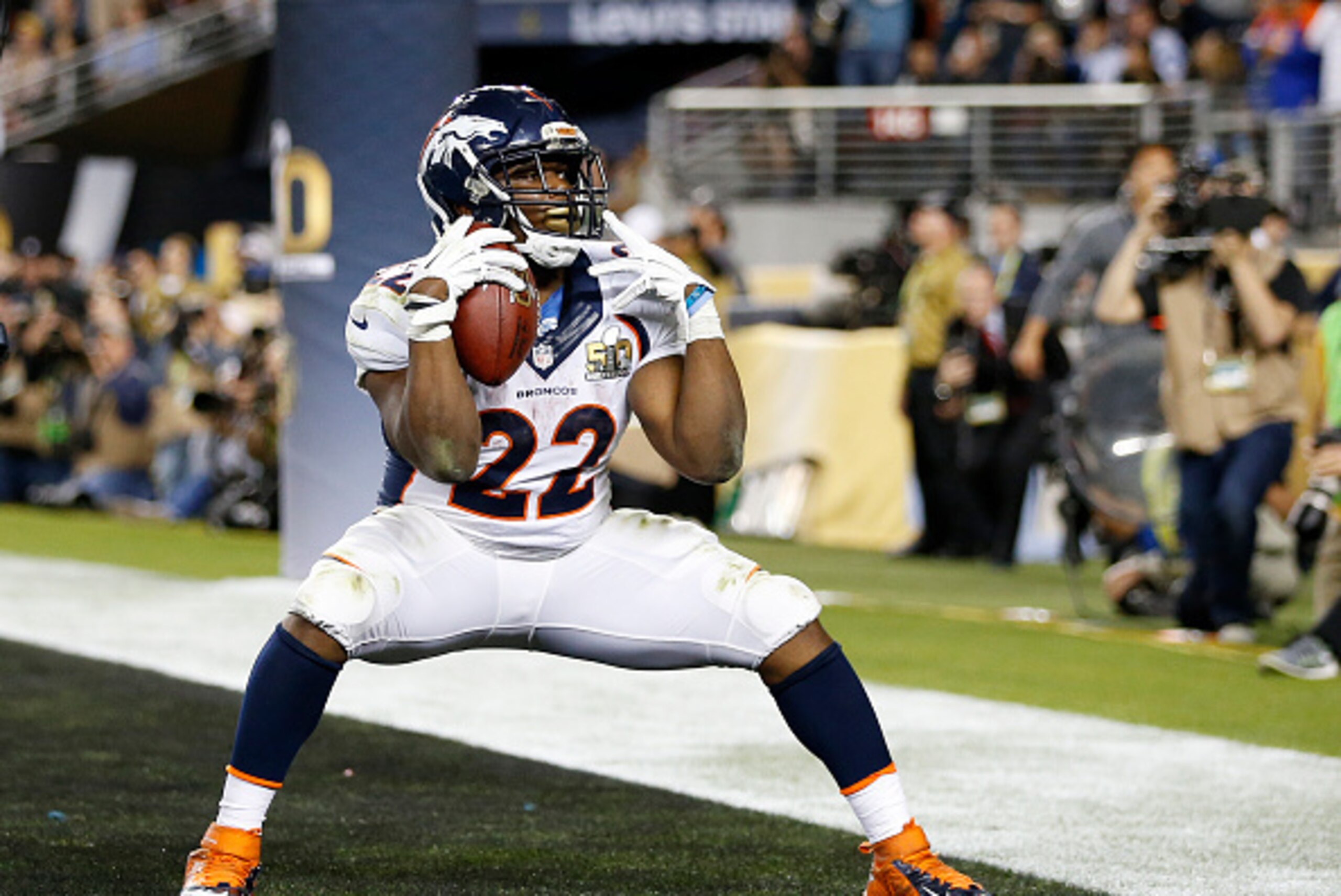 SANTA CLARA, CA - FEBRUARY 07:  C.J. Anderson #22 of the Denver Broncos celebrates after scoring a 2-yard touchdown in the fourth quarter against the Carolina Panthers during Super Bowl 50 at Levi's Stadium on February 7, 2016 in Santa Clara, California. 