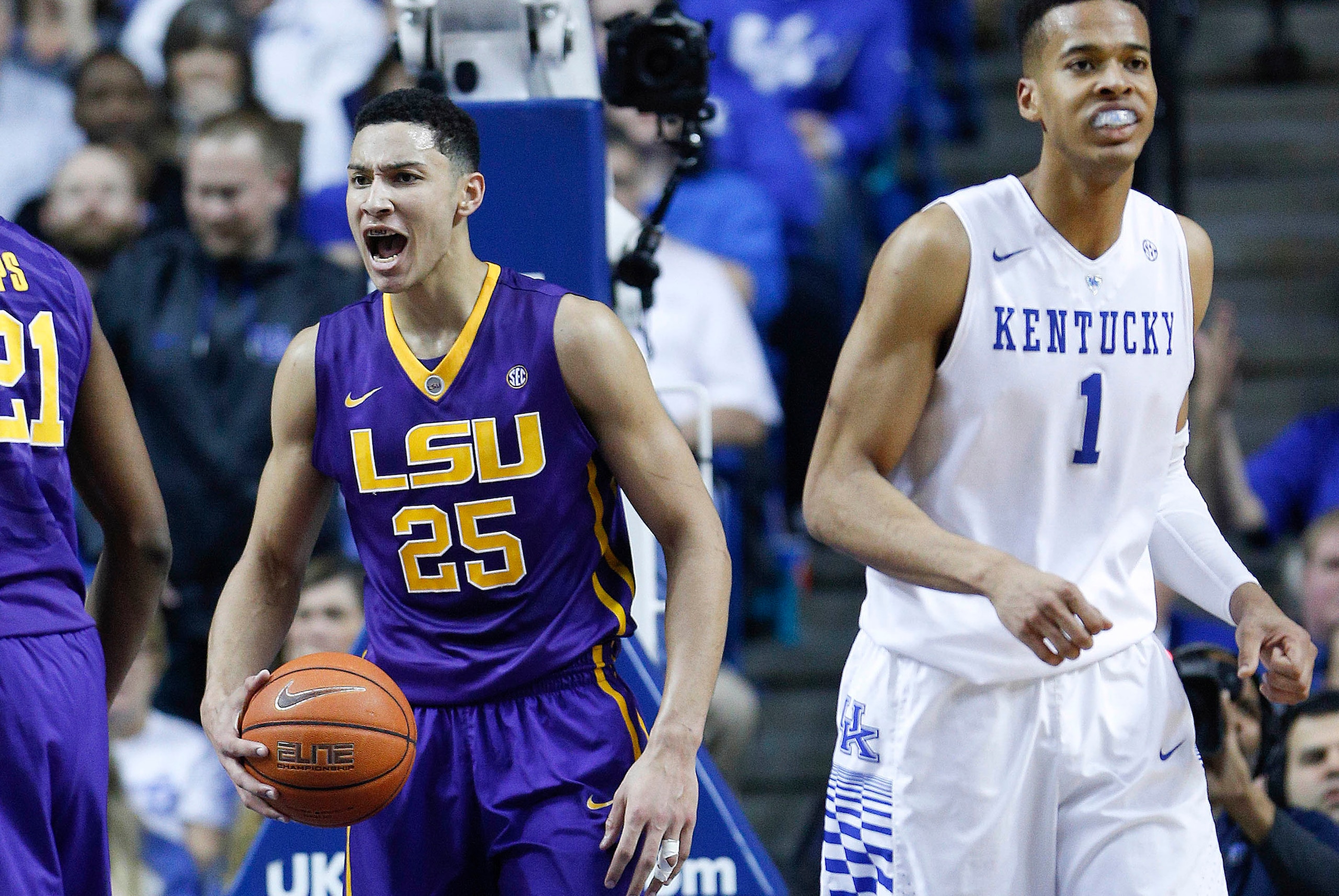Mar 5, 2016; Lexington, KY, USA; LSU Tigers forward Ben Simmons (25) reacts in front of Kentucky Wildcats forward Skal Labissiere (1) in the first half at Rupp Arena. Mandatory Credit: Mark Zerof-USA TODAY Sports