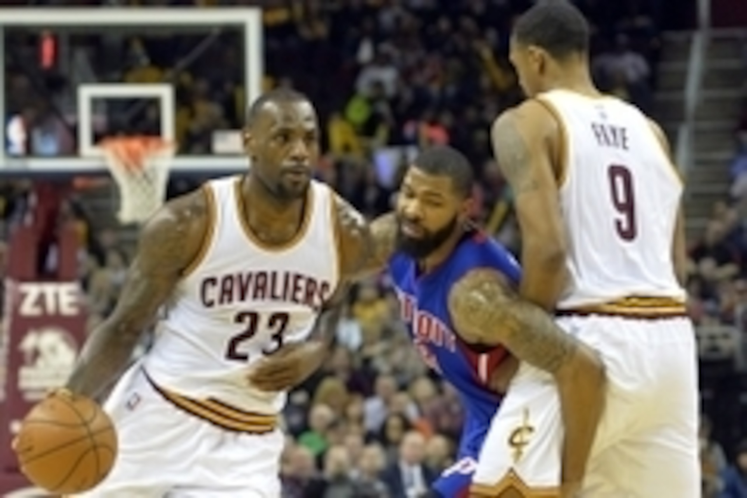 Feb 22, 2016; Cleveland, OH, USA; Cleveland Cavaliers forward Channing Frye (9) sets a pick on Detroit Pistons forward Marcus Morris (13) as forward LeBron James (23) dribbles the ball in the third quarter at Quicken Loans Arena. Mandatory Credit: David R